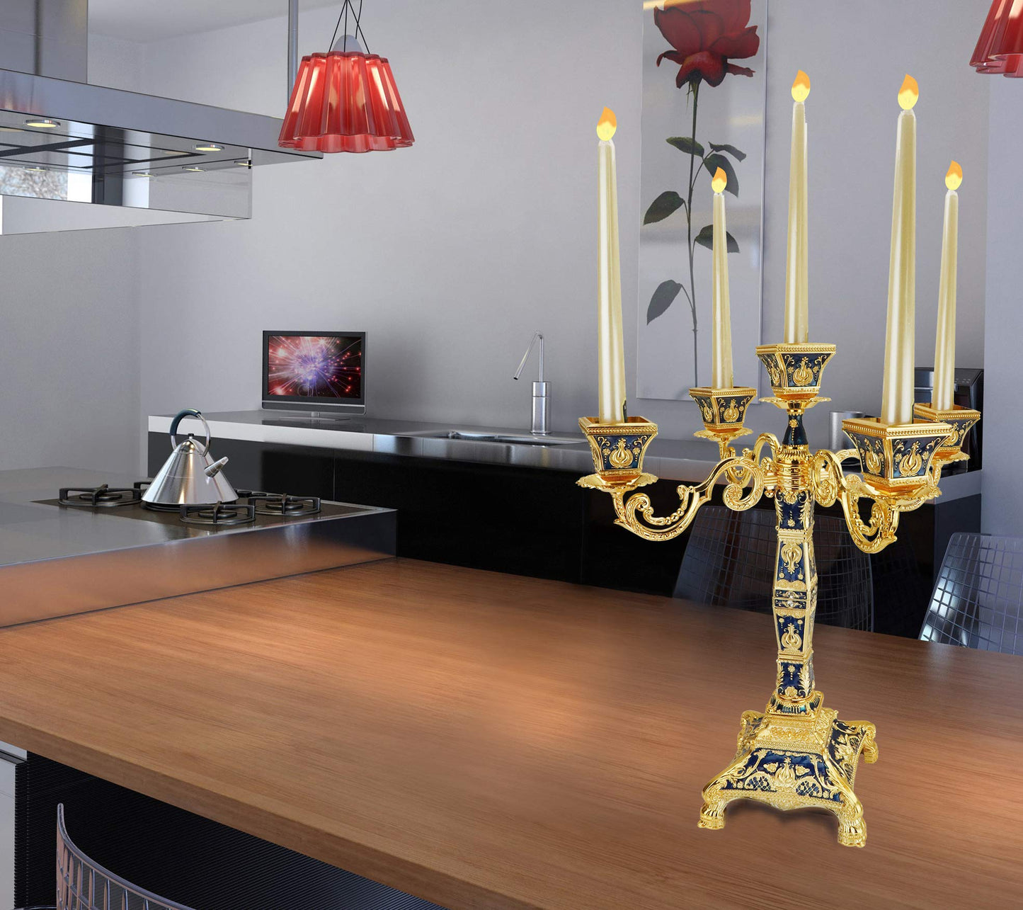 RosyLine Metal Candelabra 17" Height, Candle Holder with 5 Arms,Antique Bronze Furnish Candle Holder, Centerpiece for Home Decro,Wedding Event, Party,1 Pack (Golden Blue)
