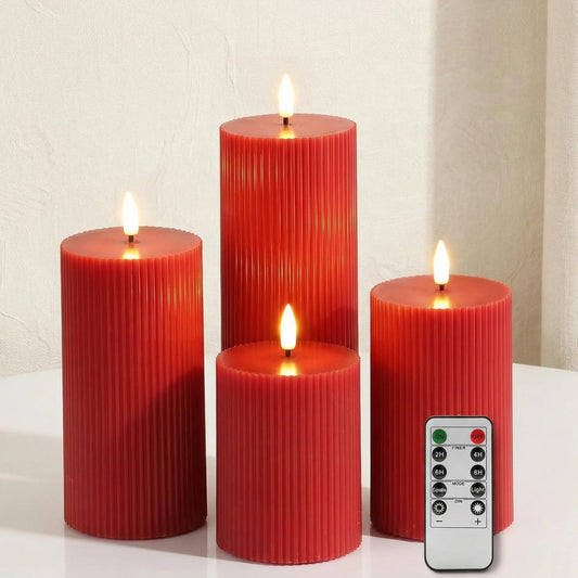Girimax Red Ribbed Flameless Pillar Candles with Remote, Flat Top Flickering LED Wax Candles Battery Operated Set of 4