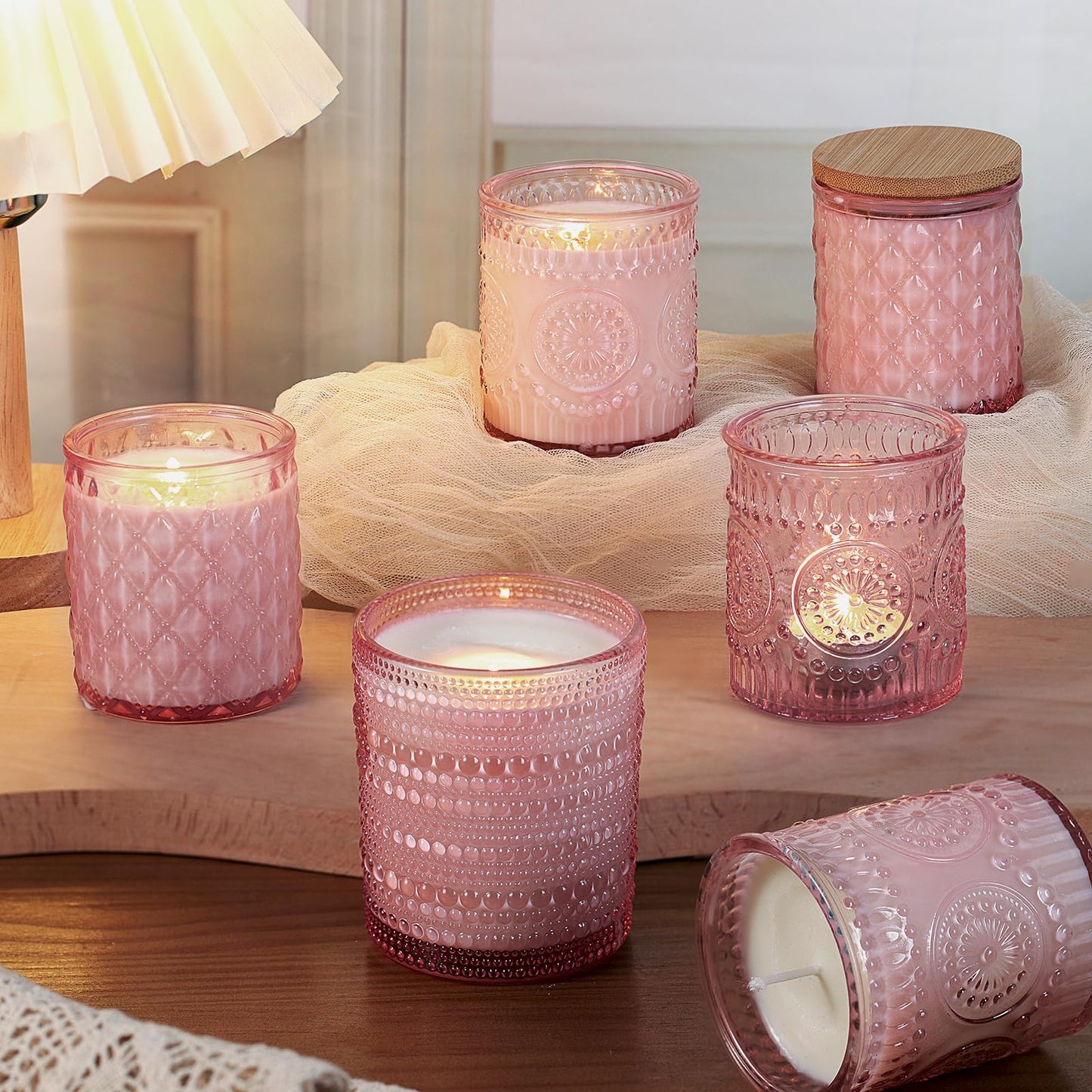 DARJEN 12 Pack Pink Candle Jars for Making Candles- 3 Styles Glass Candle Making Jars Bulk with Bamboo Lids and Labels, Candle Making Supplies Candle Vessels for DIY Gifts