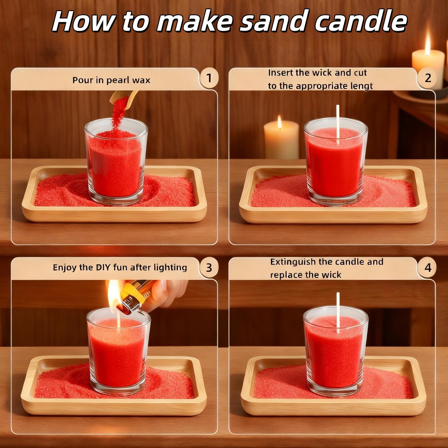PHYMAT Red Candle Sand with 50pcs Wicks, 1.1LB Pearled Candle Powder Wax, Refillable Plant Sand Candles with Wicks Kit for DIY Handmade Candle Making, Party, Wedding, Home Decor