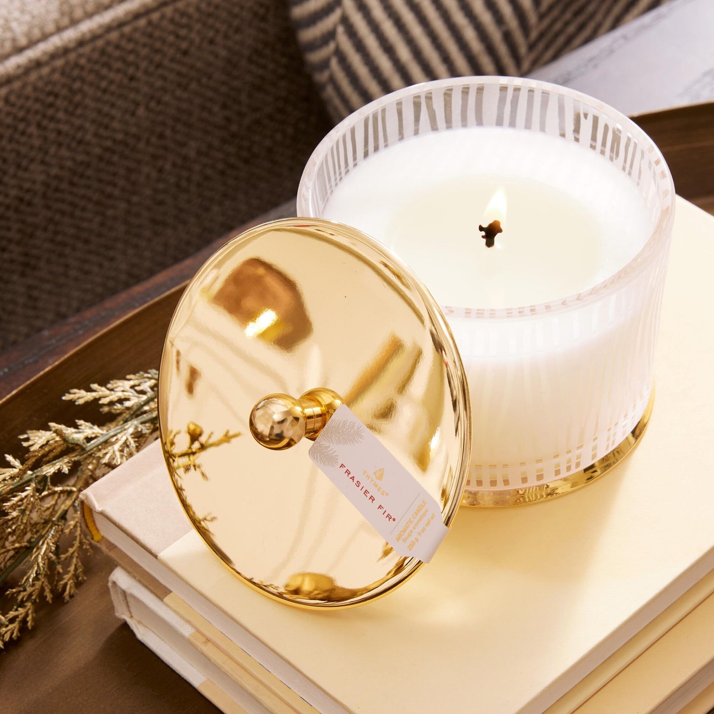 Thymes Frasier Fir Candle - Gilded Collection - Frosted Wood Grain Design with Gold Lid & Base - Pine Scented Candles for Women & Men - Luxury Home Fragrance - Elegant Christmas Decor (Medium, 9 oz)