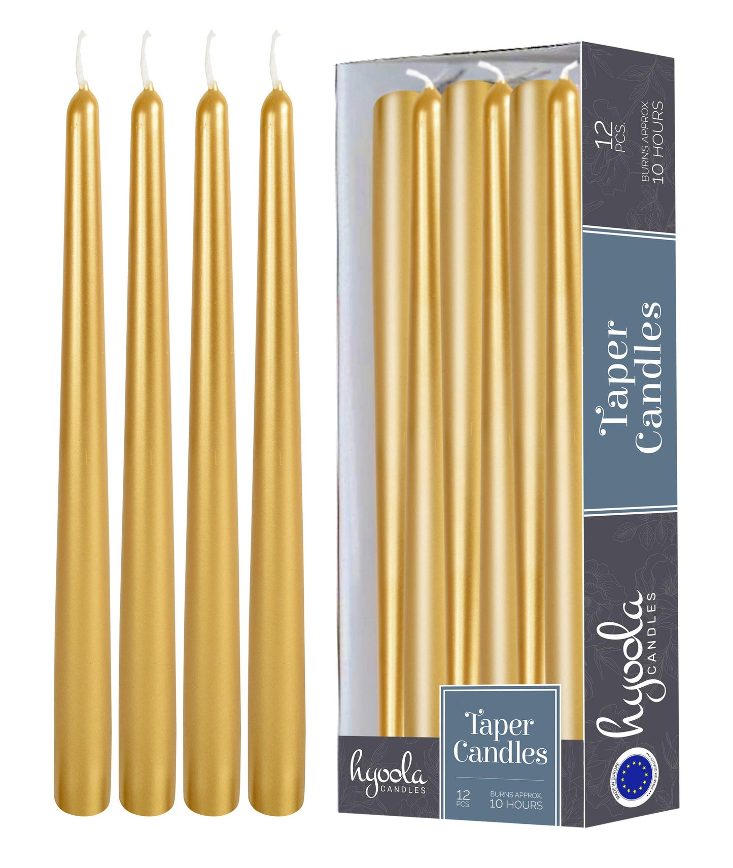 12 Pack Tall Taper Candles - 12 Inch Metallic Gold Dripless, Unscented Dinner Candle - Paraffin Wax with Cotton Wicks - 10 Hour Burn Time