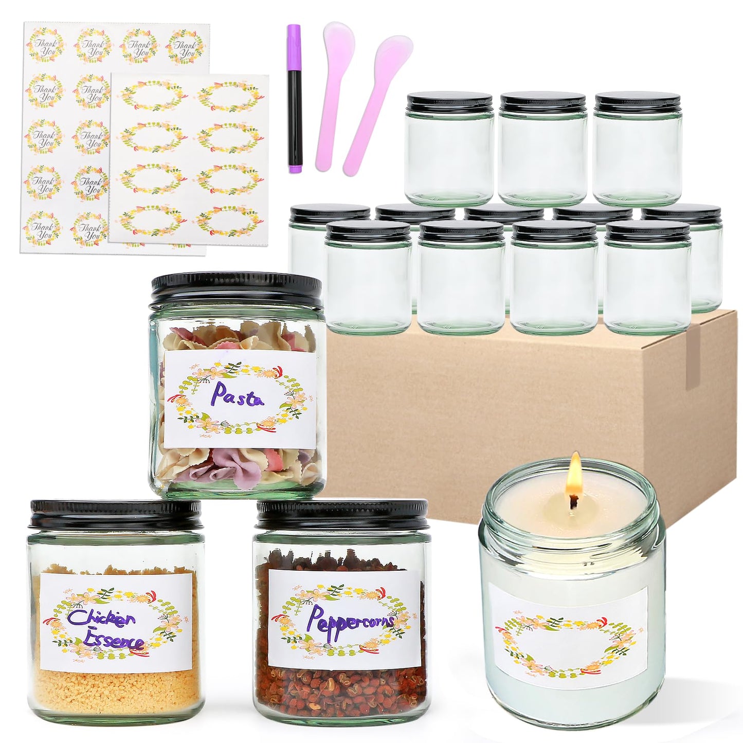 Salzesfalls 16 Pack Clear Candle Jars for Making Candles,8 oz Glass Jars with Lids,Candle Jars with 16 Metal lids,Canning Jars For Candles,Spice,Powder,Liquid,Sample