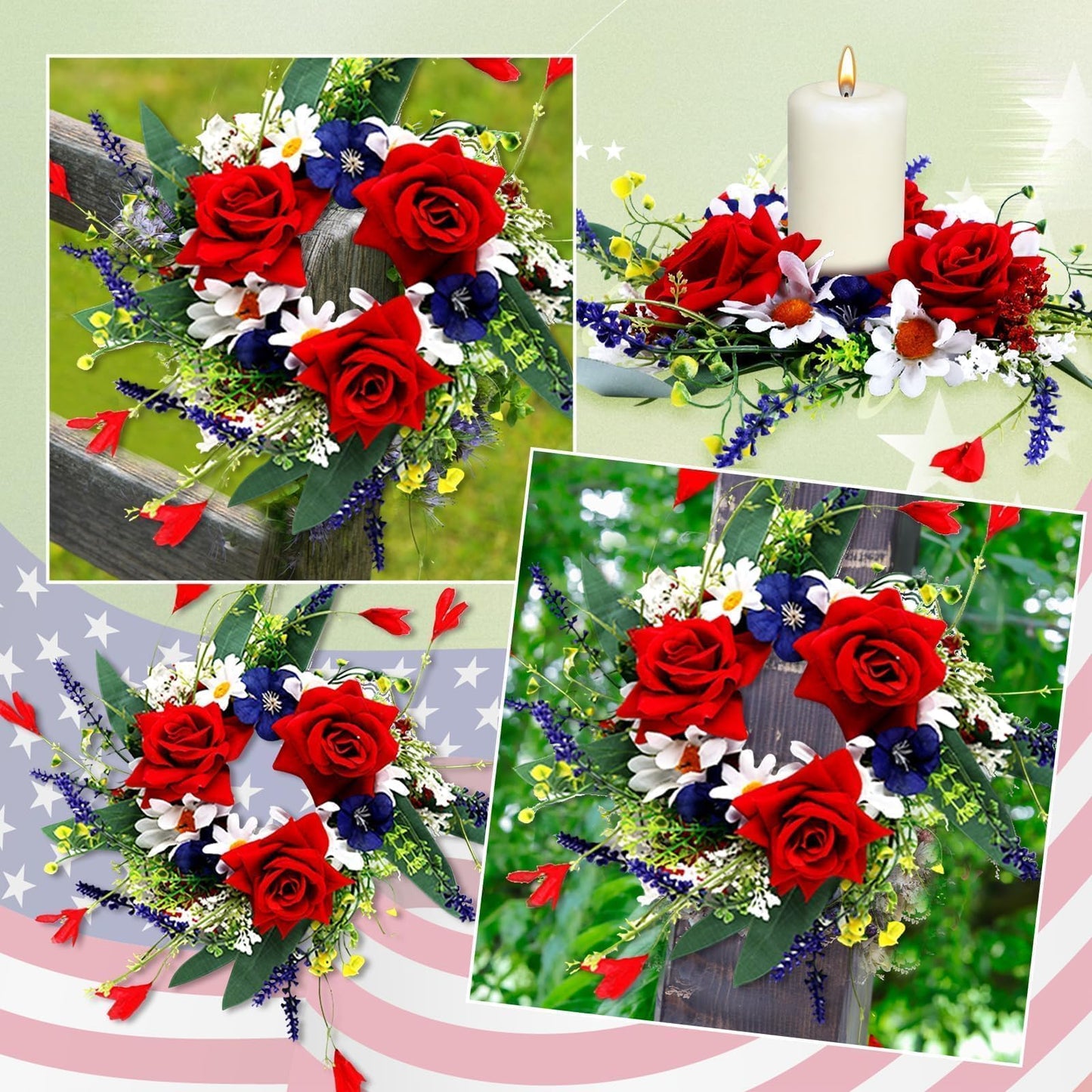 6 Pcs 4th of July Red White and Blue Candle Rings Wreath 3 Inch Patriotic Candle Rings Mini Wreath American Independence Day Rings Wreaths for Table Window Door Decor