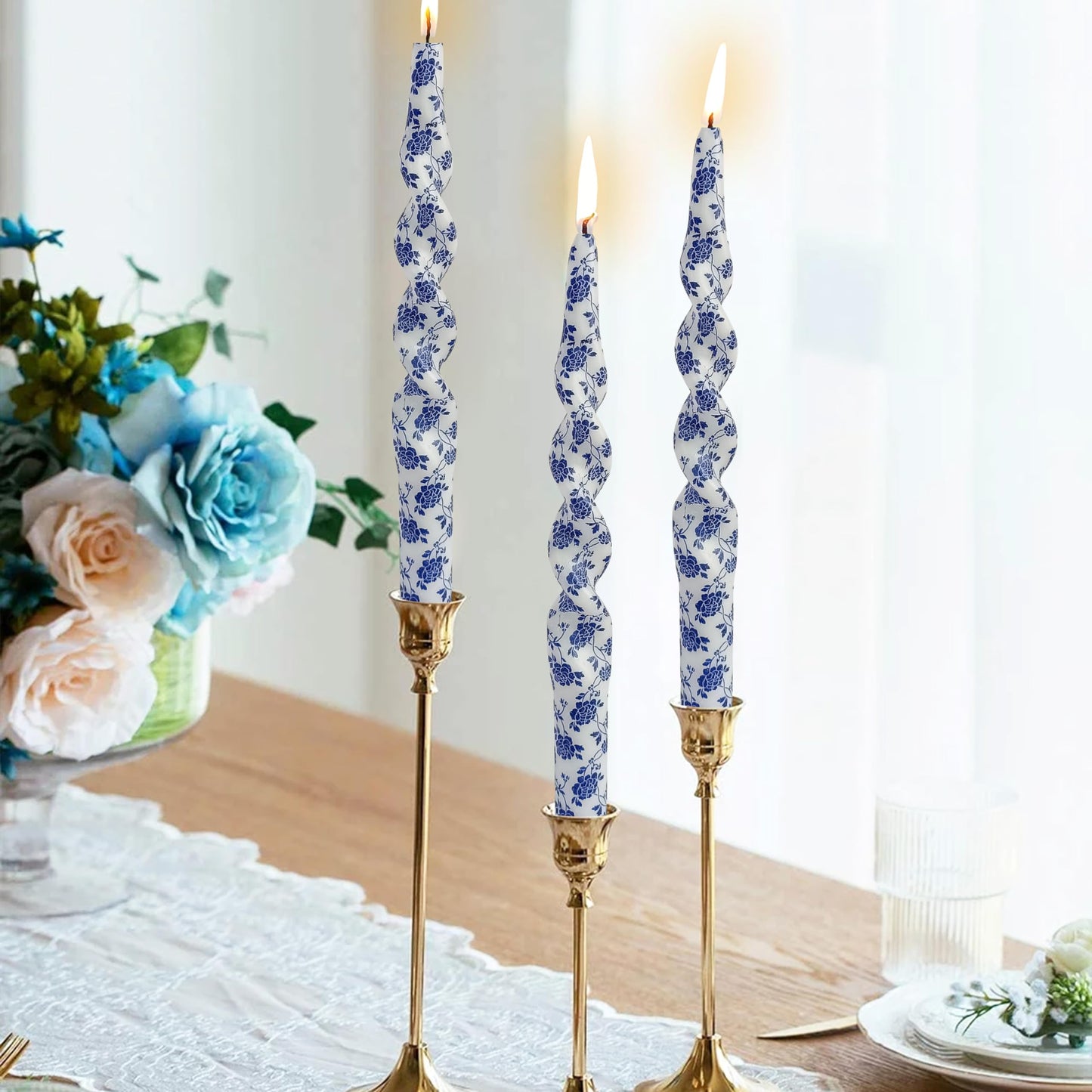 Flowers Printed Spiral Candles Unscented Twisted Candlestick Smokeless 2 PCS Blue Long Taper Candle 10 inch Twisted Candle Sticks Tapered Candles for Home Wedding Dinner Holiday Party