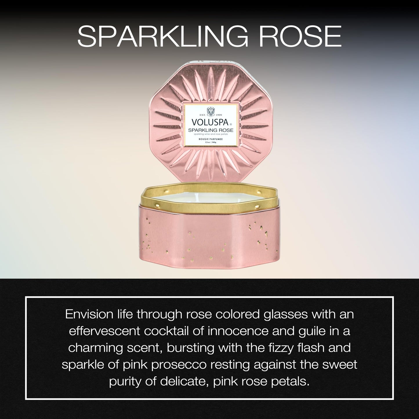 Voluspa Sparkling Rose, 3 Wick Tin Candle, 12 Ounce, 40 Hour Burn Time, Coconut Wax for Clean Burning, Handcrafted in the USA