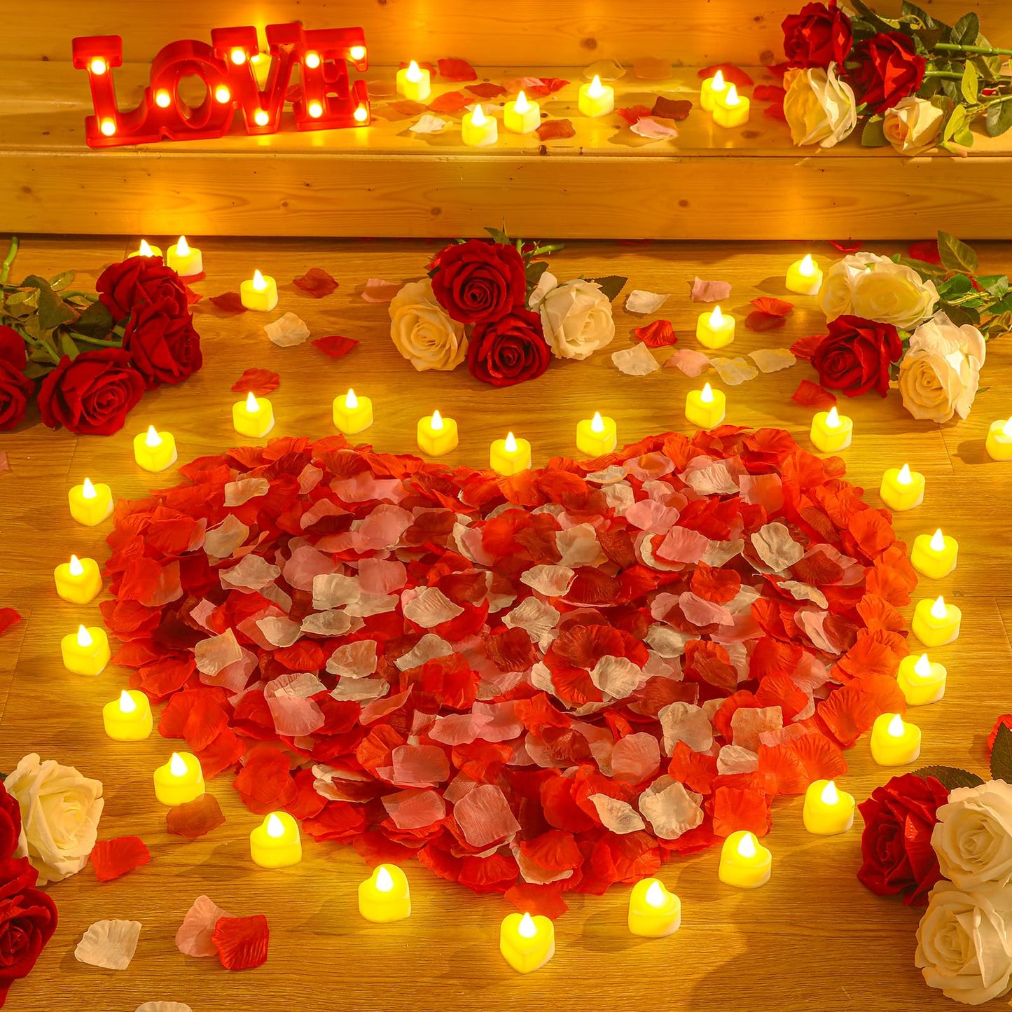 Honoson 1000 Pieces Artificial Rose Petals with 24 Pcs Flameless Heart Shaped LED Tealights Candles Special Romantic Night Decorations for Proposal Wedding Anniversary Table Decor(White with Yellow)