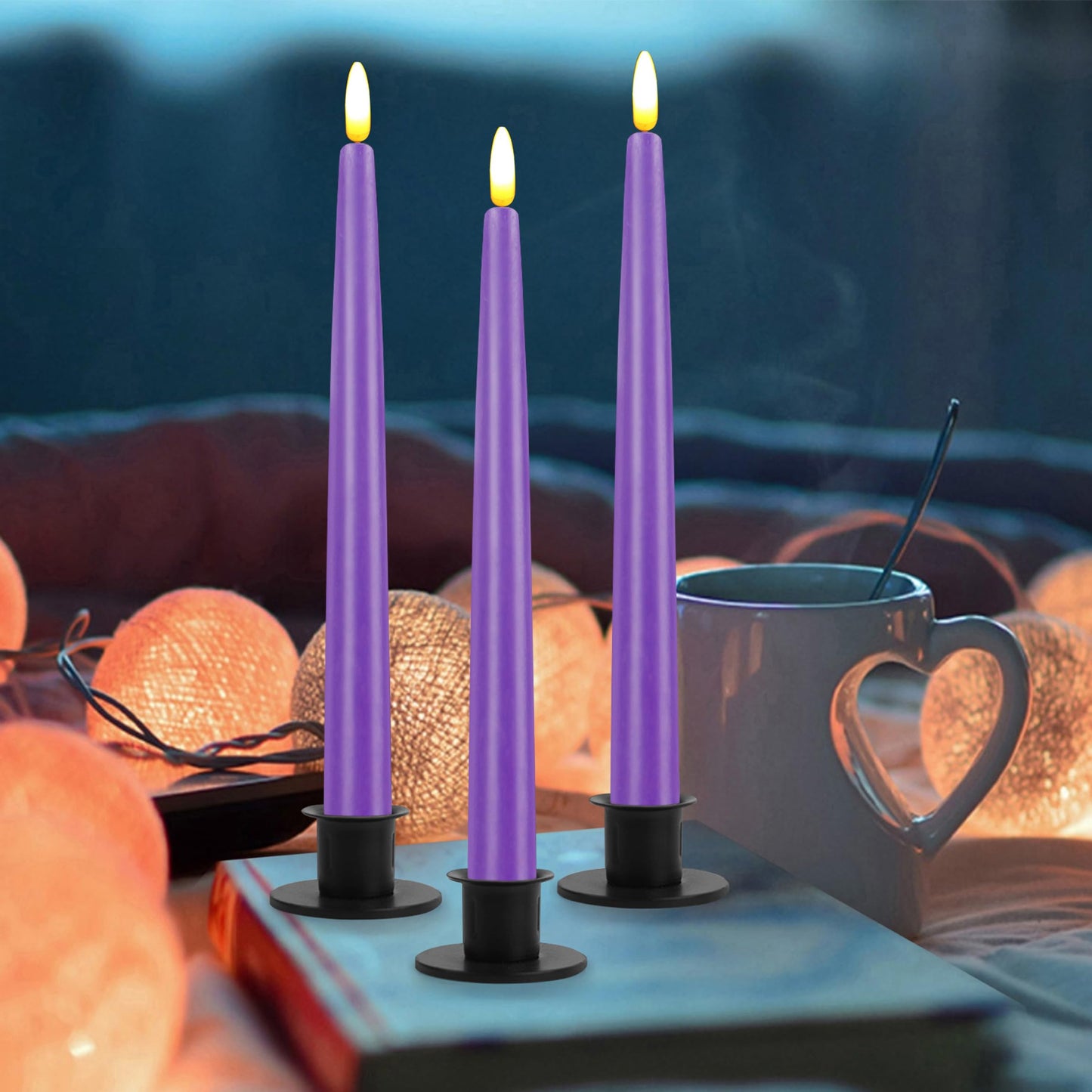 CVHOMEDECO. Flameless Taper Candles with 10-Key Remote, Battery Operated Led Flickering 3D Wick Window Candles Real Wax Finished Home Christmas Party Decor 0.78 x 11 Inch, Pack of 3, Purple