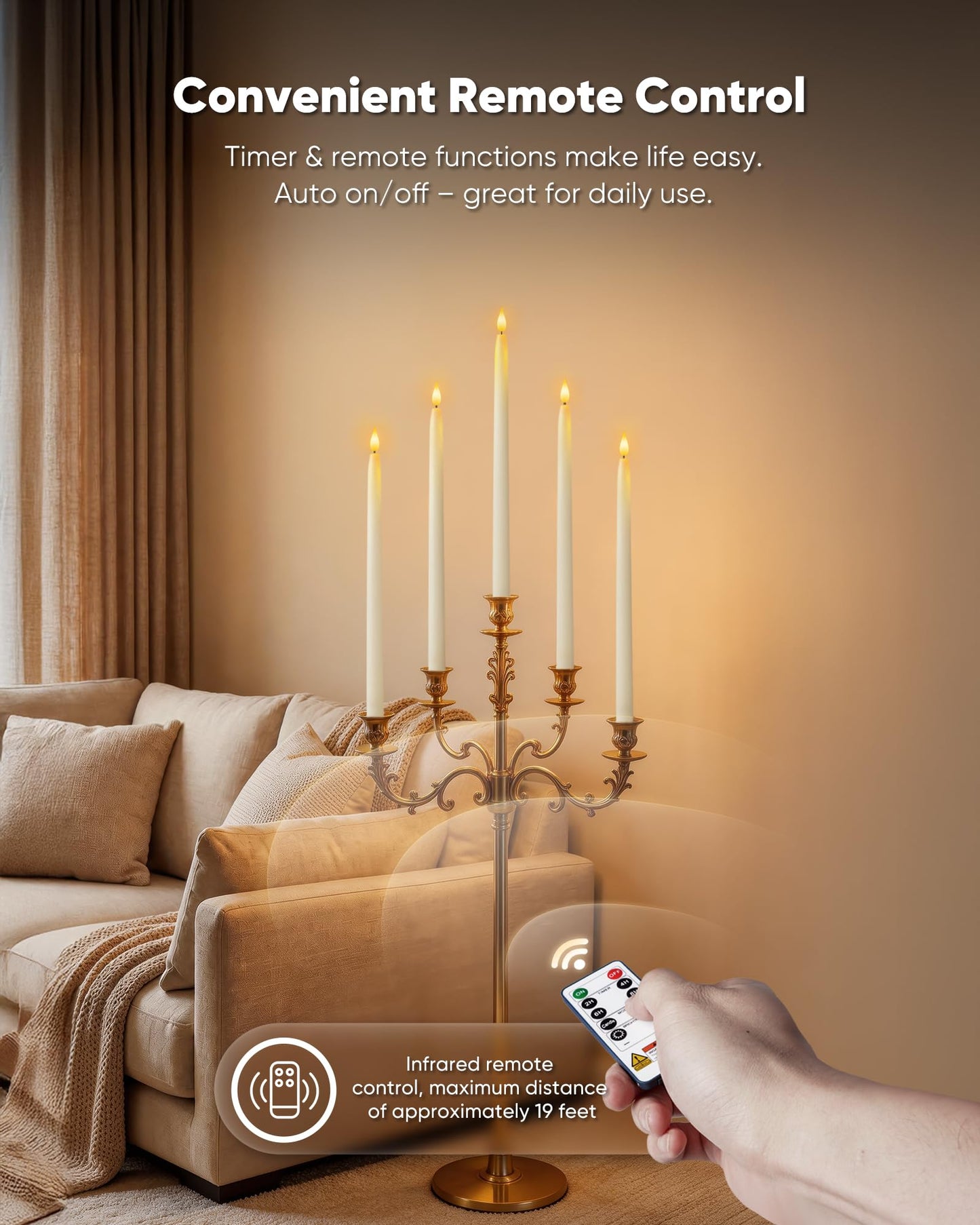Homemory 15 inches Real Wax Flameless Taper Candles with Remote Timer, 6 Pcs White LED Taper Candles Battery Operated with 3D Flickering Flame, Window Candle Led Candlesticks for Dinners Home Decor