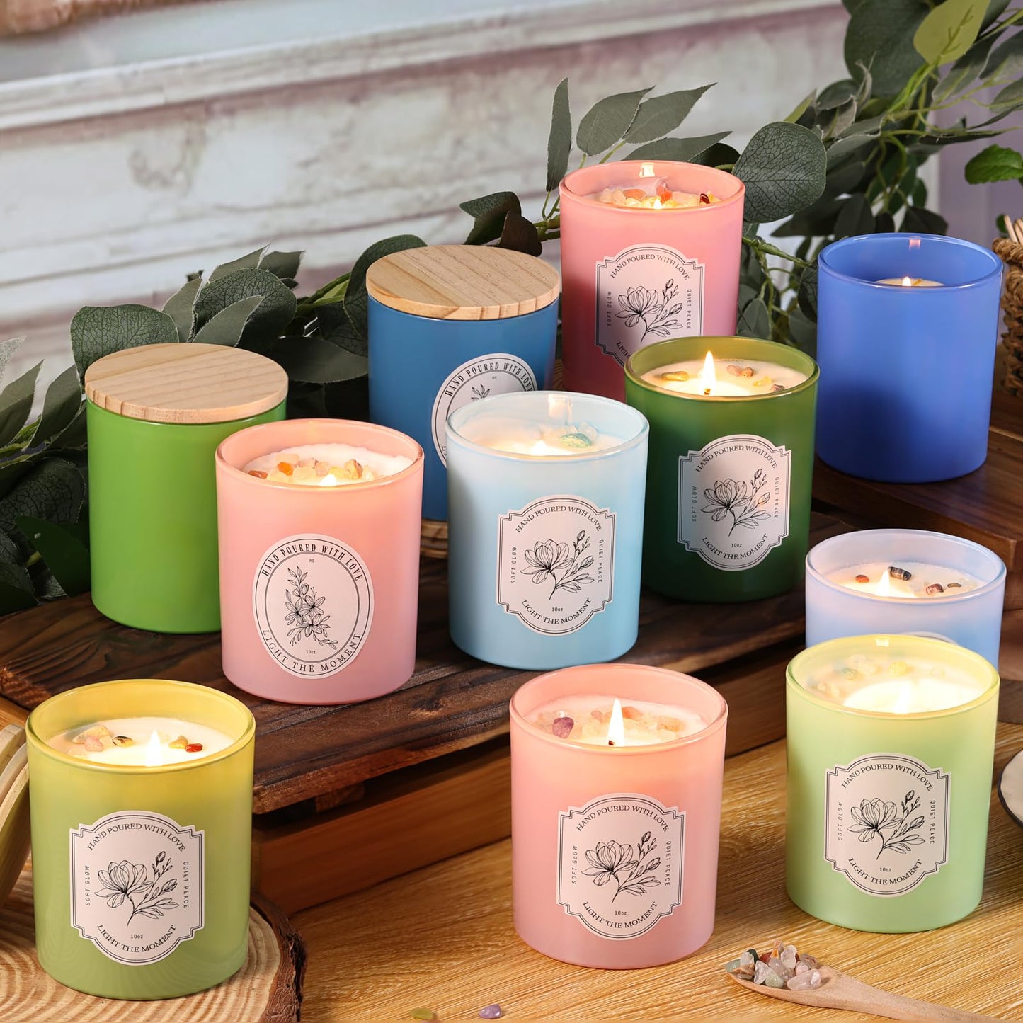 12Pcs Assorted Green Glass Candle Jars with Wooden Lids for Making Candles, 10 OZ Empty Candle Jars with Labels and 100g Crystal Rocks, Candle Making Supplies Candle Containers for Home DIY & GIFTS