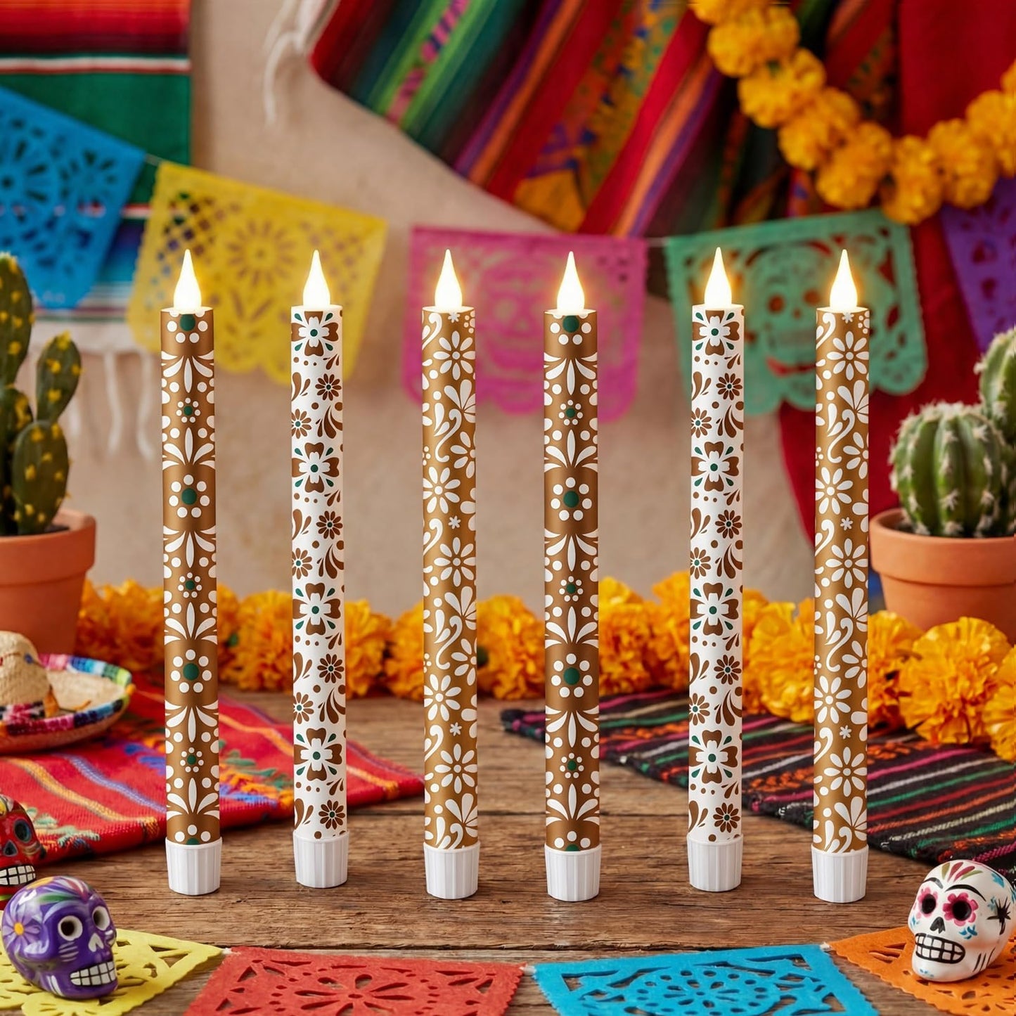 Lyrow 6 Pcs Mexican Cielito Lindo Flameless Taper Candles 11 Inch Real Wax LED Candles Flickering Battery Operated Candlesticks for Mexican Day of the Dead Home Dinner Holiday Decor Mexico Gifts