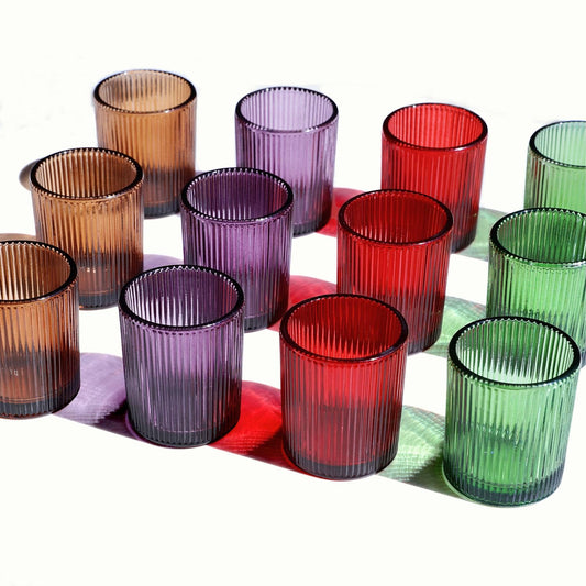 VOHO 4 Colors Ribbed Votive Candle Holders for Fall Decor, Set of 12 Tealight Candle Holder Easter/Halloween/Thanksgiving Decorations, Christmas Tea Light Candle Holder Glass Dining Table Centerpiece