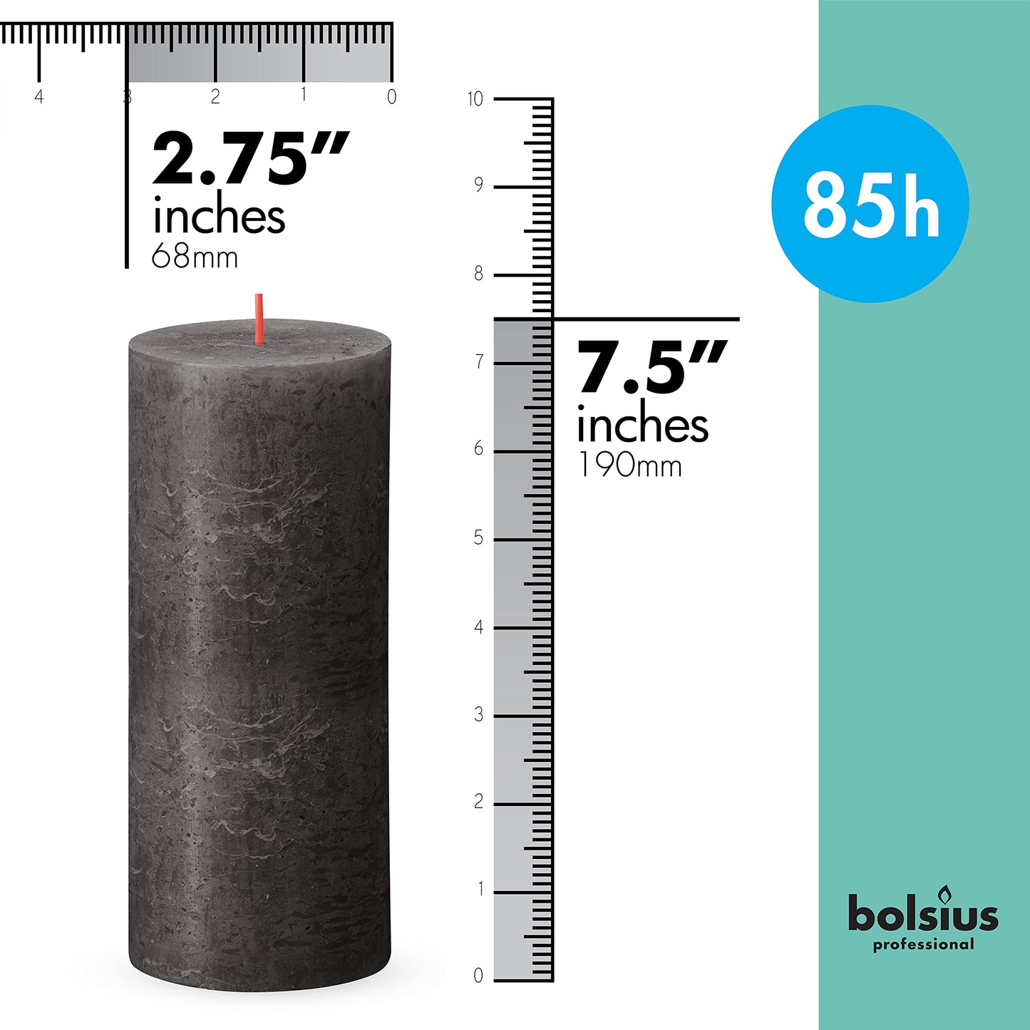 BOLSIUS 6 Pack Black (Stormy Gray) Rustic Pillar Candles - 2.75 X 7.5 Inches - Premium European Quality - Includes Natural Plant-Based Wax - Unscented Dripless Smokeless 85 Hour Home Decor Candles