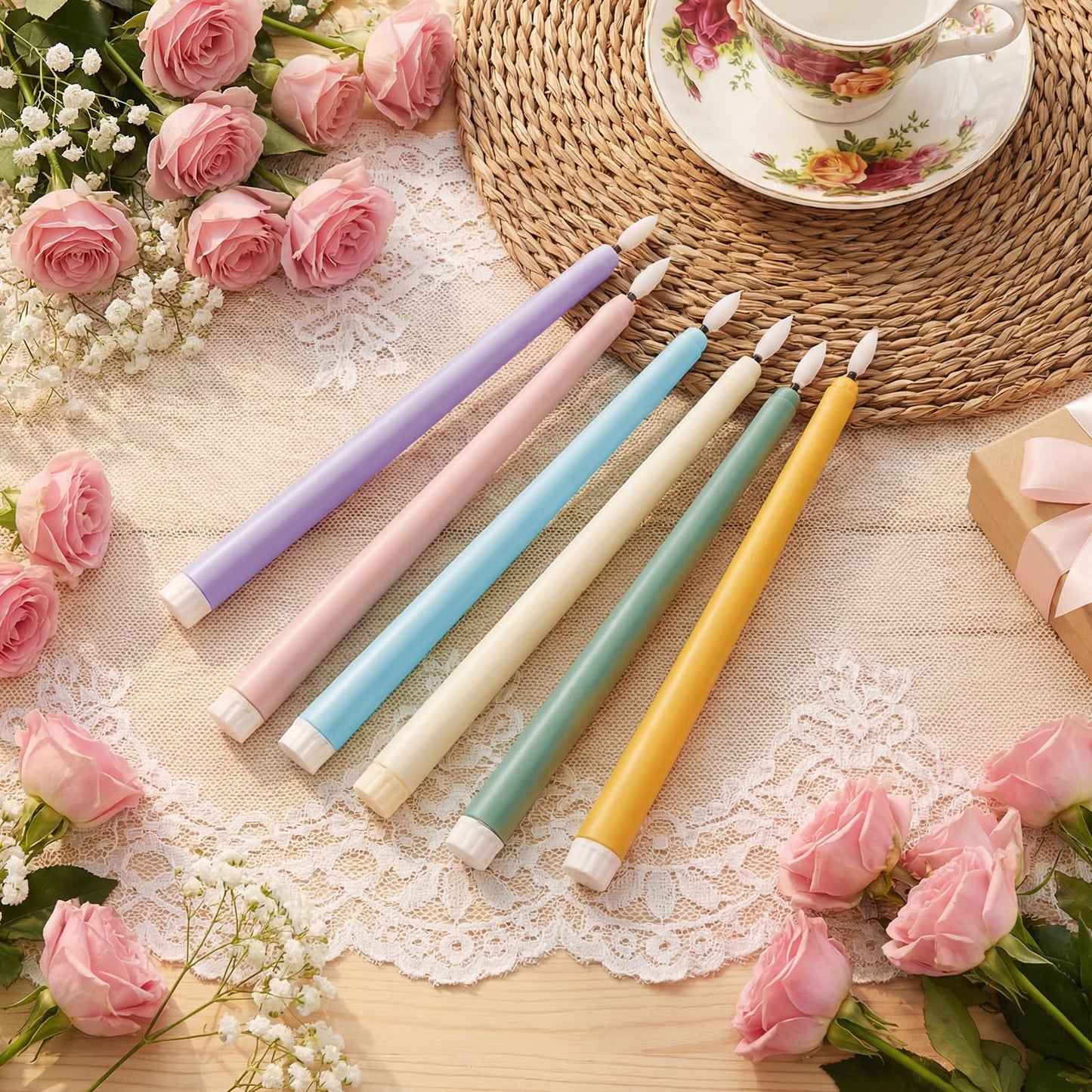 Macarrie 24 Packs Flameless Taper Candles Battery Operated Fake 11 Inch Long Candlelight LED Flameless Candlesticks Flickering Tapered for Spring Summer Wedding(Spring Wedding)