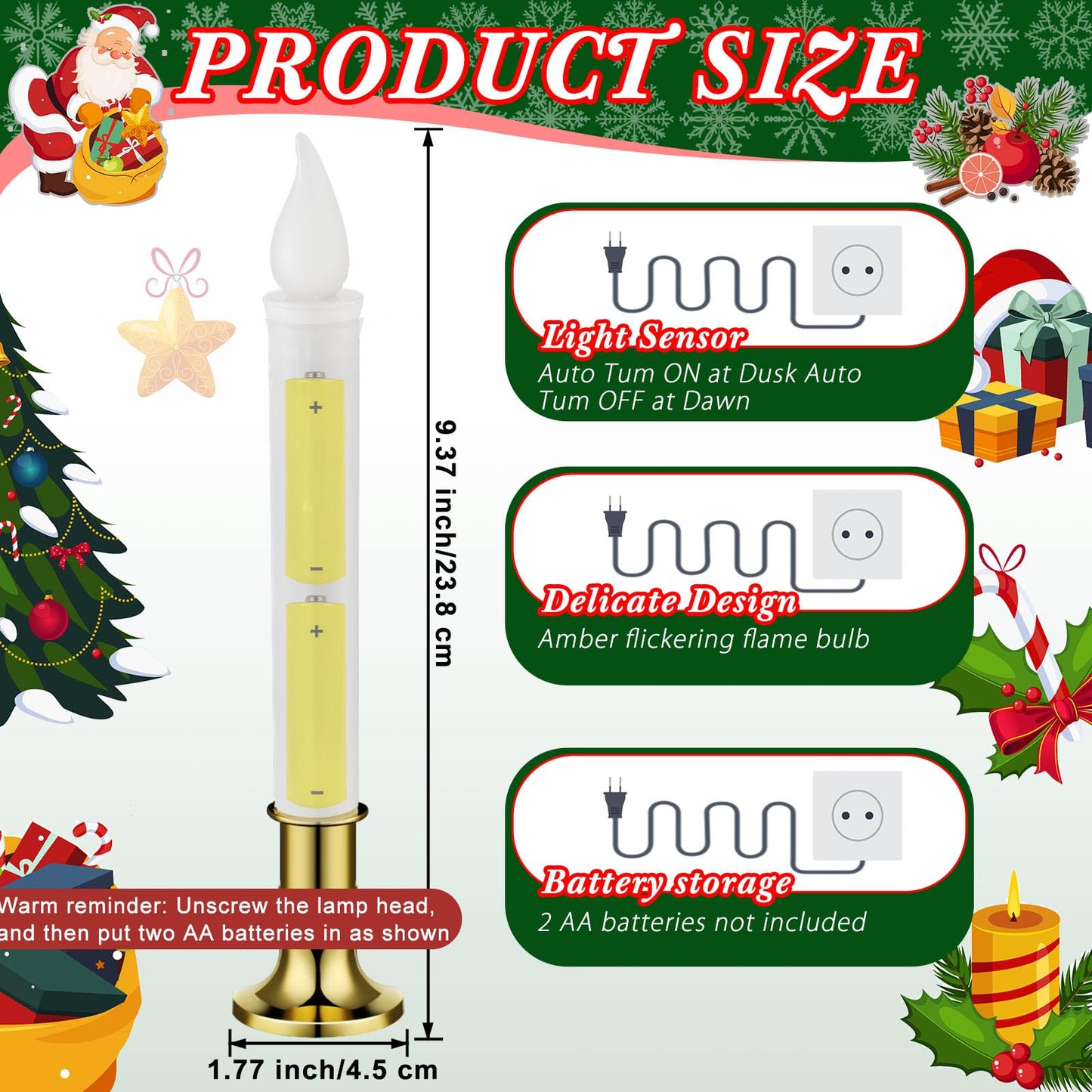 Baquler 8 Pcs Christmas LED Window Candles with Sensor Dusk to Dawn Light Sensor 9.37 Inches Cordless Flameless Battery Taper Candles with Flickering Amber Flame for Xmas Home Decor(Gold)
