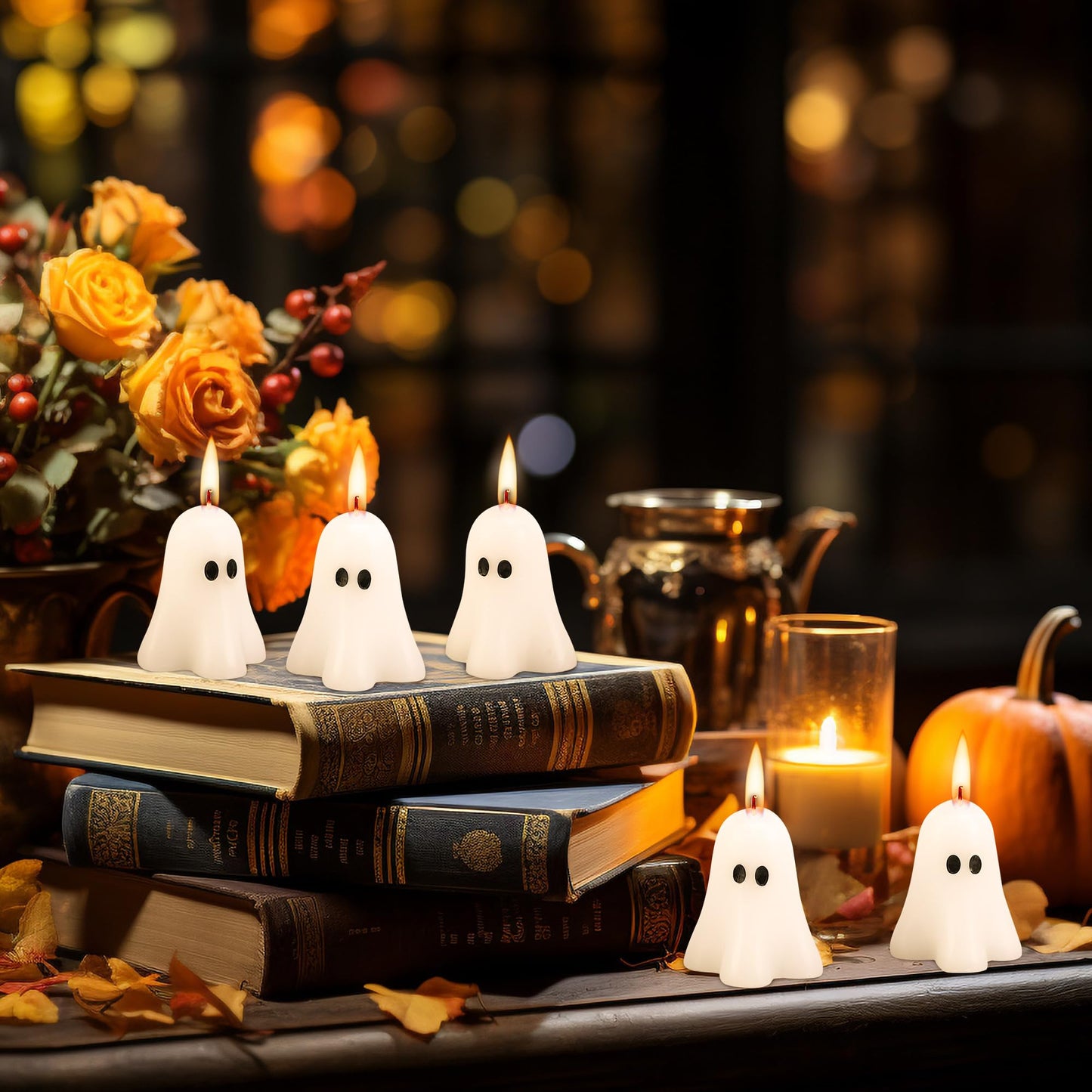 EBaokuup 6 PCS 2.3'' X 1.6'' Halloween Ghost Candles, White Ghost Decor Candles, Cute Burning Candle for Halloween Party Home and Table Decorations