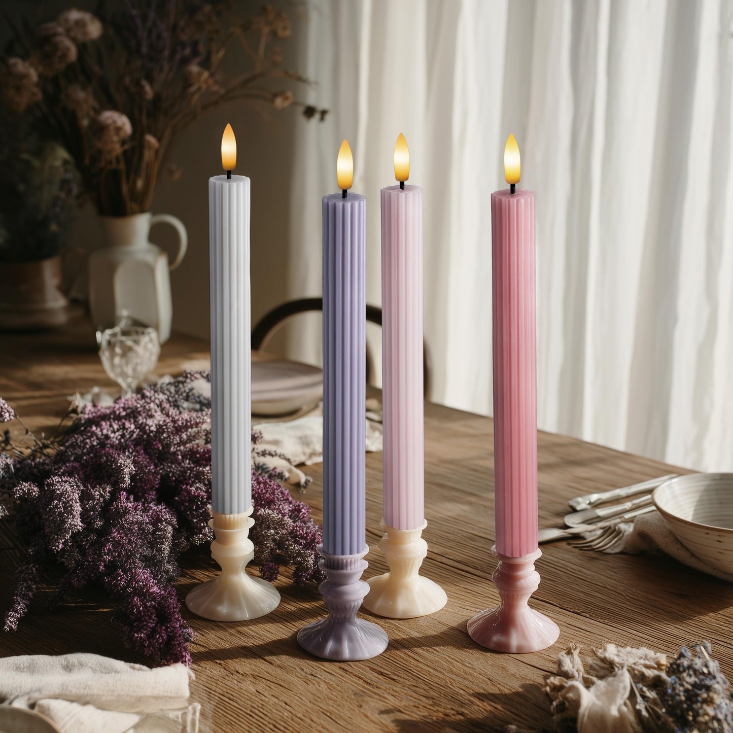 West Ivory Dusty Mauve Coordinated Pinkish Lilac 4 Pack, 10" Real Wax LED Flameless Fluted Ribbed Grooved Taper Candles, Remote & Timer, On/Off Button, Dimmable, Battery Operated, Menorah Wedding