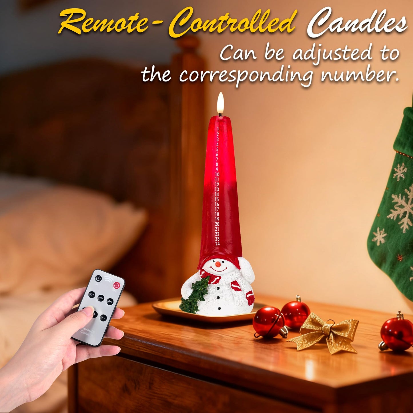 Flameless Christmas Countdown Candles with Remote, 3D Flickering Flame Snowman Battery Operated LED Advent Calendar Candle, 24-Day Automatic Countdown Electronic Candle, Christmas Decoration for Home