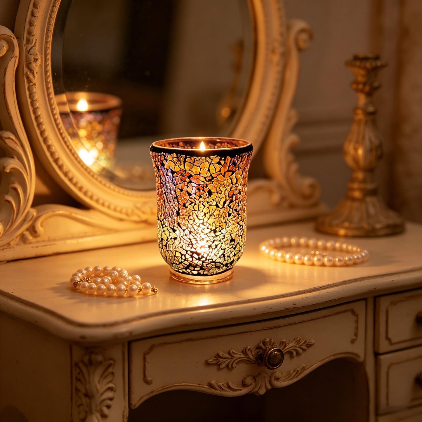 Glass Candlestick Romantic Mosaic Broken Candlelight Aromatherapy Candle Cup for Valentine's Day Christmas Thanksgiving Tables Center of Party Decorations(NO Candles)