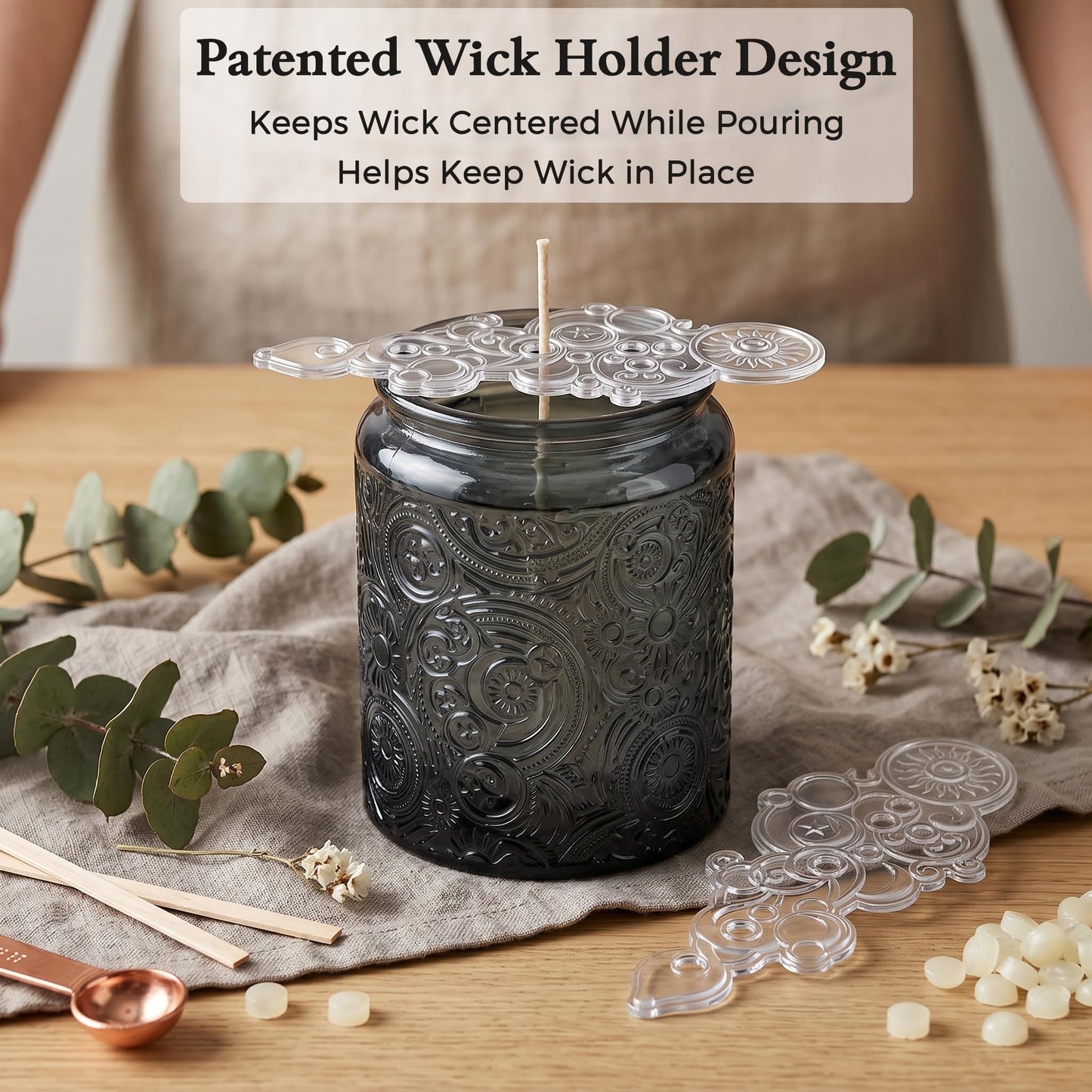 Art Secret 9-Pack 8oz Embossed Glass Candle Jars with Lids and Labels - Sun Moon Stars Design (Gray)