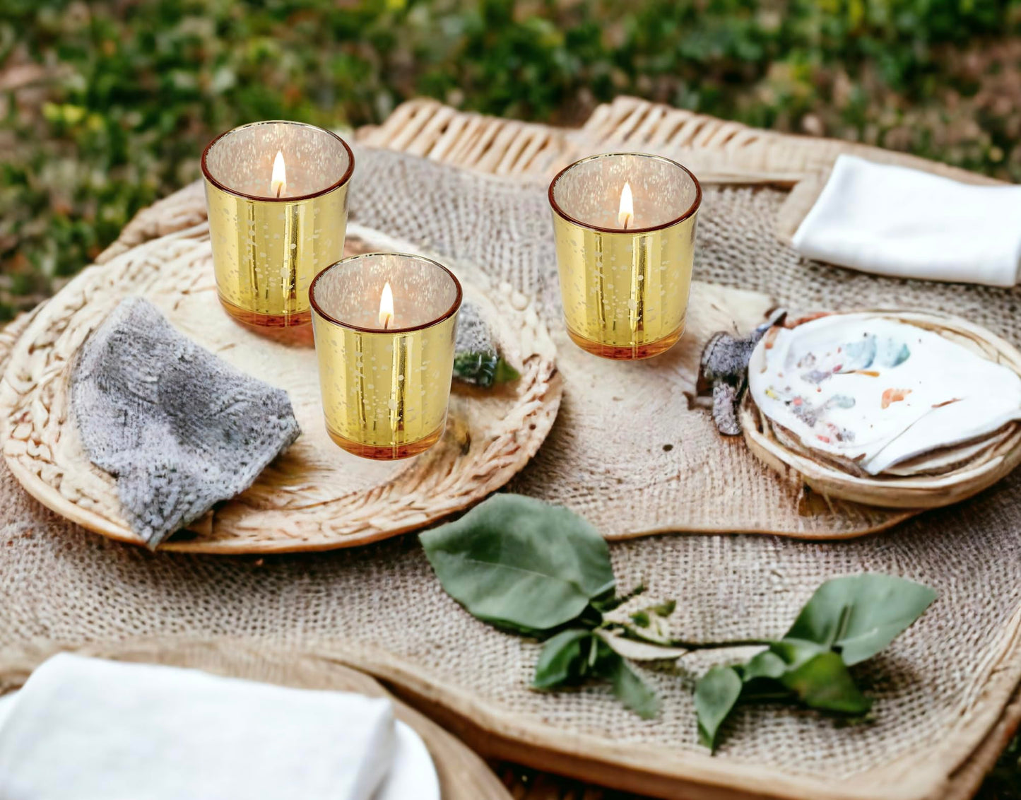 Mister Candle Unscented Gold Mercury Glass Votive Candles, 2" Filled Candle Jars for Centerpieces, Wedding Décor, Events, Home & Party Ambiance, Set of 12 Hand Made in USA