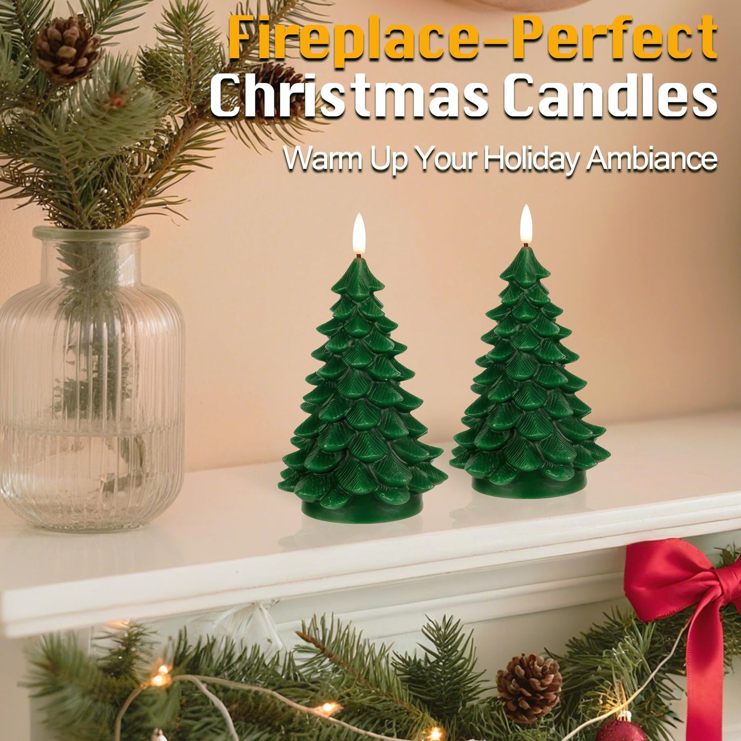 JOIONE Christmas Tree Flameless Candles with Remote Timer, Battery Operated Flickering Candles, LED Real Wax Candles for New Year Celebration, Christmas Decor, Set of 2, Green (3.15" X 7.48")