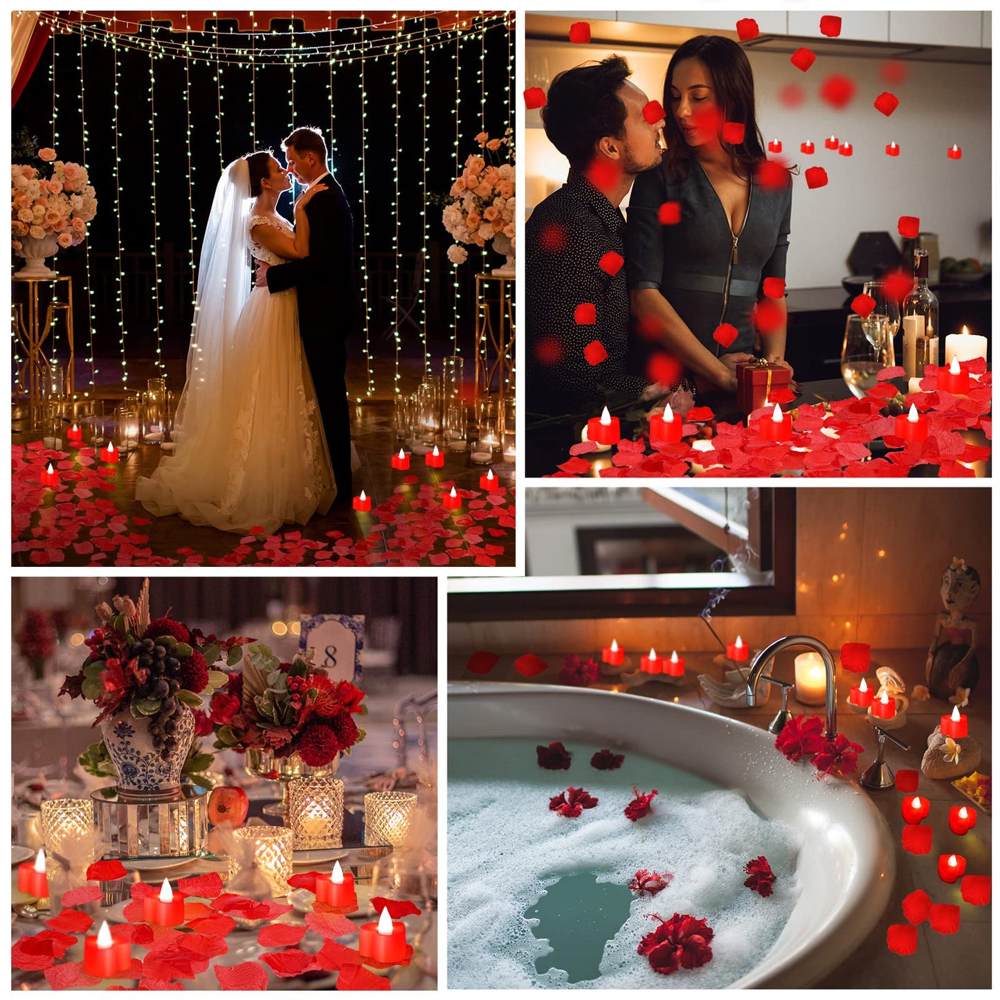 Coume 6000 Pcs Artificial Rose Petals with 120 Pcs Heart LED Tea Lights Candles Kit Rose Petals Candles Set for Romantic Night Anniversary Proposal Wedding Date Hotel(Red Light)