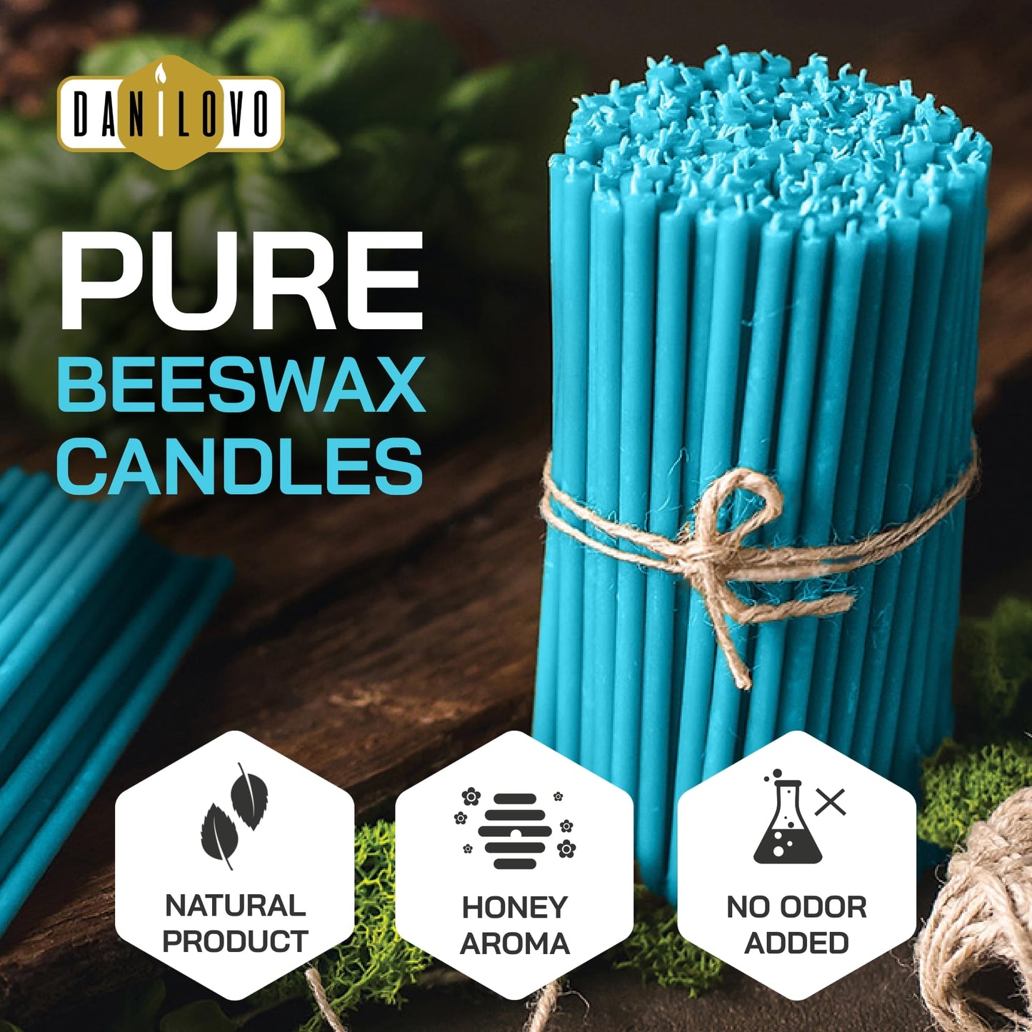 Danilovo Thin Taper Beeswax Candles - Honey-Scented, Decorative Candles Ideal for Birthday Decoration or Church Prayers - Turqoise Drip Free, Tall & Smokeless Pack of 50 pcs, 6.4 x 0.22 inch