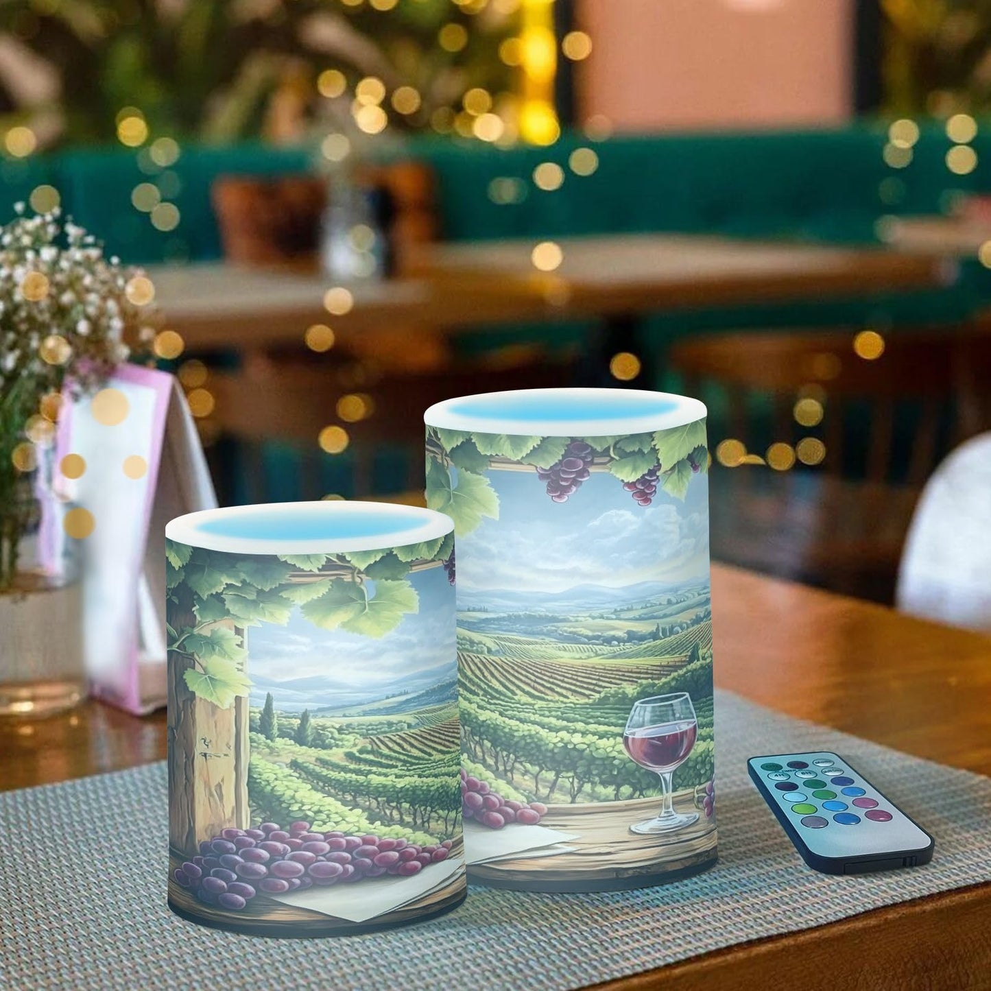 ALAZA Flickering Flameless Candles Red Wine Bottles with Grapes Window Battery Operated Candles with Remote Timer LED Pillar Votive Candles Set of 2 for Holiday Decor