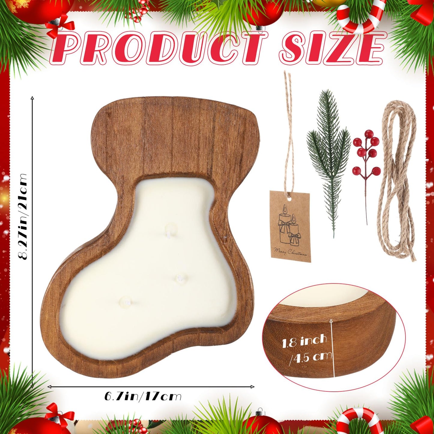 MTLEE Christmas Wooden Candle Bowl Wood Dough Bowl 3 Wick Rustic Xmas DIY Scented Candles Gifts Decoration with Berries Pine Label for Dining Farmhouse Table Centerpiece(Christmas Stockings)