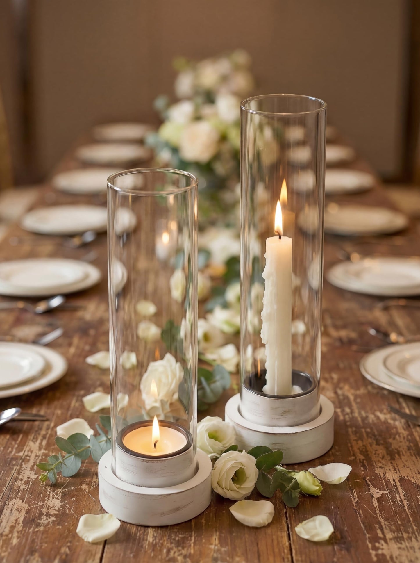 NUPTIO Dripless Candlestick Holders with Wax Catchers for Easy Cleaning: Set of 2 Hurricane Glass Candle Holders with Metal Bobeches - White Wood Farmhouse Home Decor for Wedding Table Centerpiece