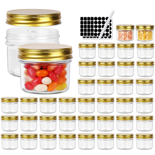 Betrome 4 oz Clear Glass Jars with Metal Golden Lids, Pack of 40, 100ml Round Canning Jars,Ideal for Spices, Herbs, Honey, Jam, Wedding Favors