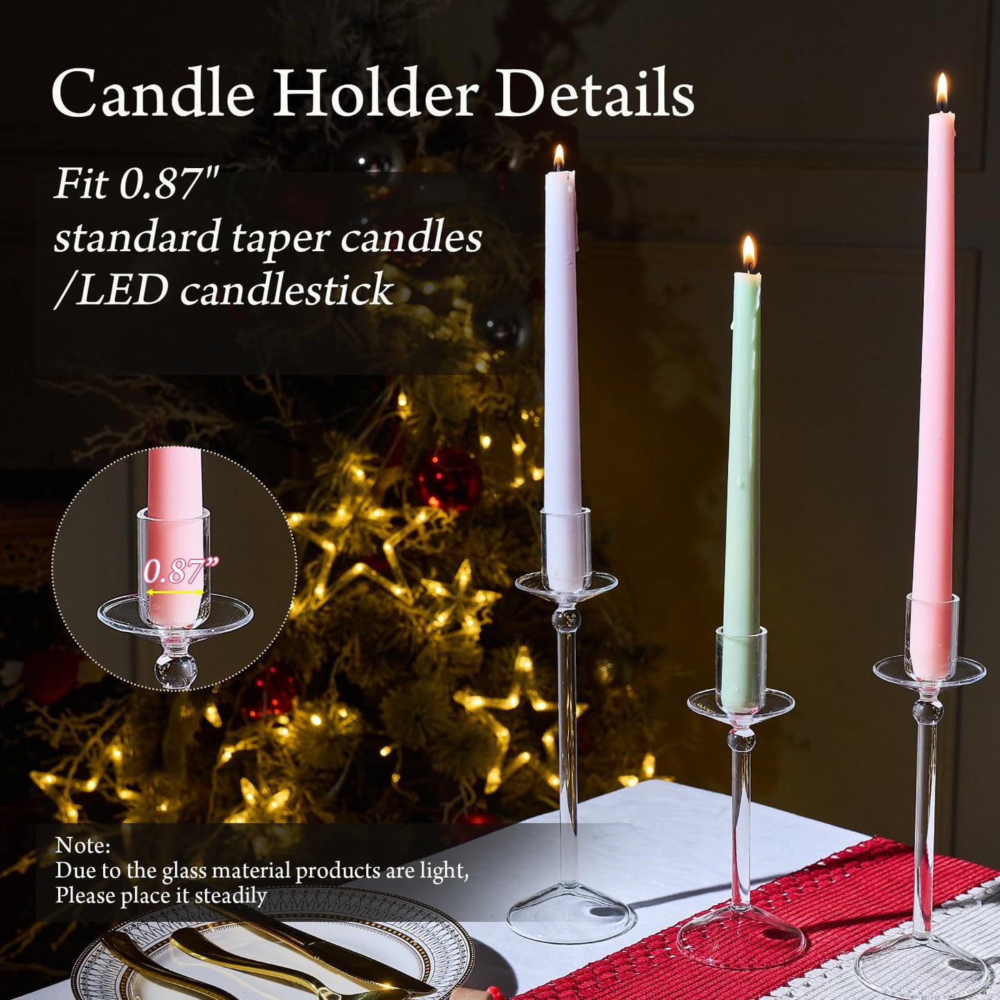 CHILL RECIPE Candle Holder Glass Taper Candlestick Holders with Built-in Candle Drip Protectors for Table Centerpiece Wedding Party (Clear 3Pcs)