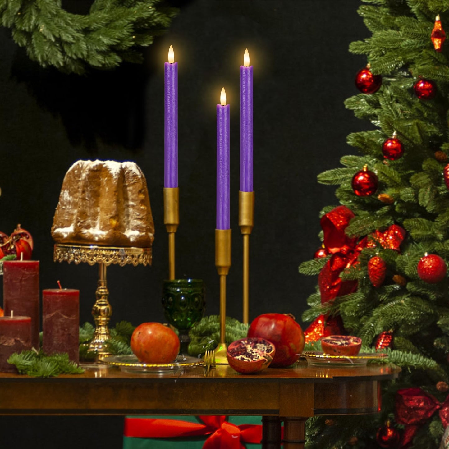 SEHNSY Purple Flameless Taper Candles with Remote, 3 Pack Flickering LED Candlesticks, Real Wax Battery Operated Christmas Window Candles for Winter Home Holiday Decoration