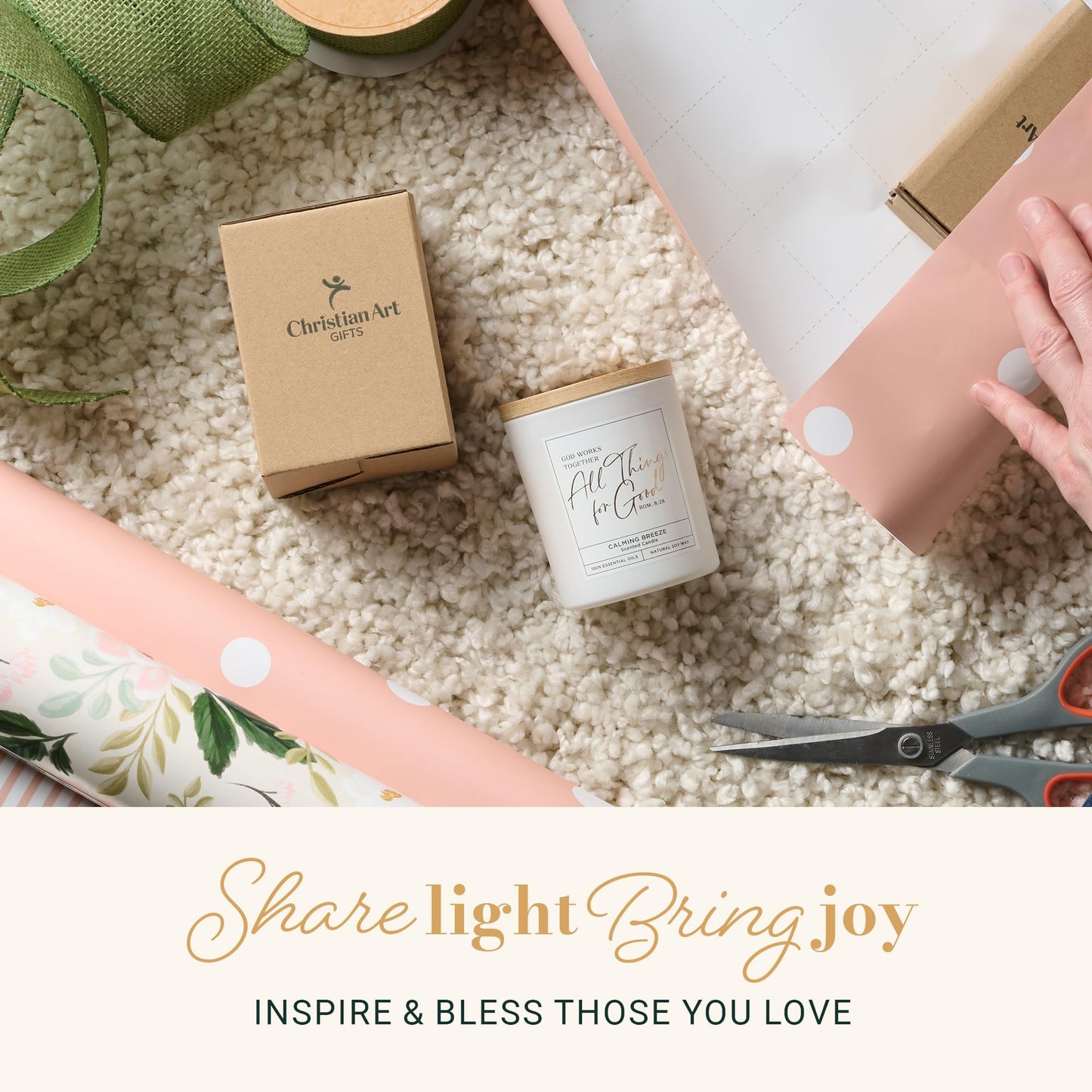 Christian Art Gifts Soy Wax Scented Candle: Romans 8:28 Bible Verse, Calming Breeze Scent, Pure Essential Oils, 4.5 oz, Up to 20 Hours Burn Time, Glass Jar w/Bamboo Lid, Encouragement Gift