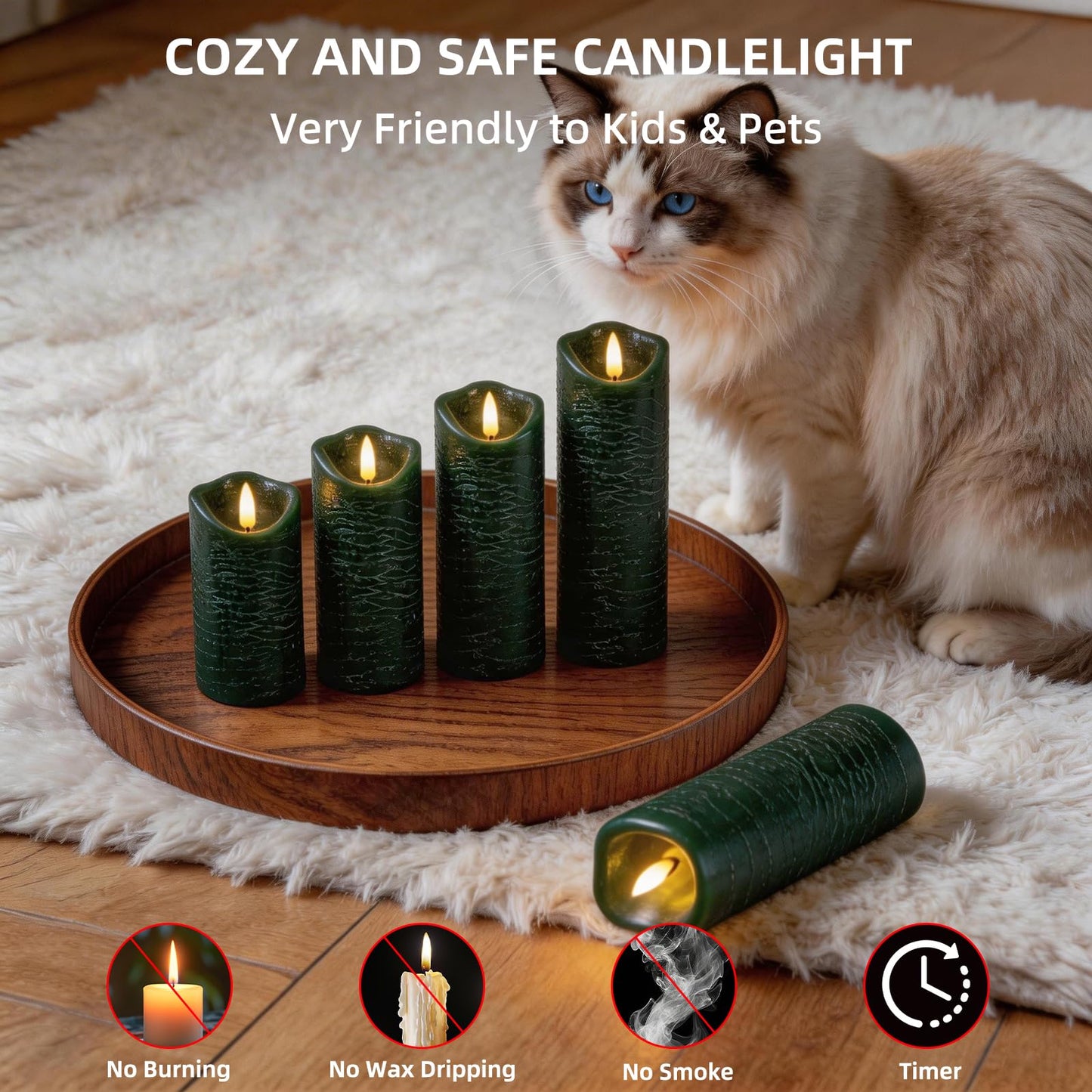 MiKoyi Flameless Pillar Candles with Remote, Battery Operated Candles Real Wax, [5-Pack] Fake LED Flickering flameless Candle with Timer Function for Room Home Decor (2.2" * 5/5.5/6/7/8") - Green