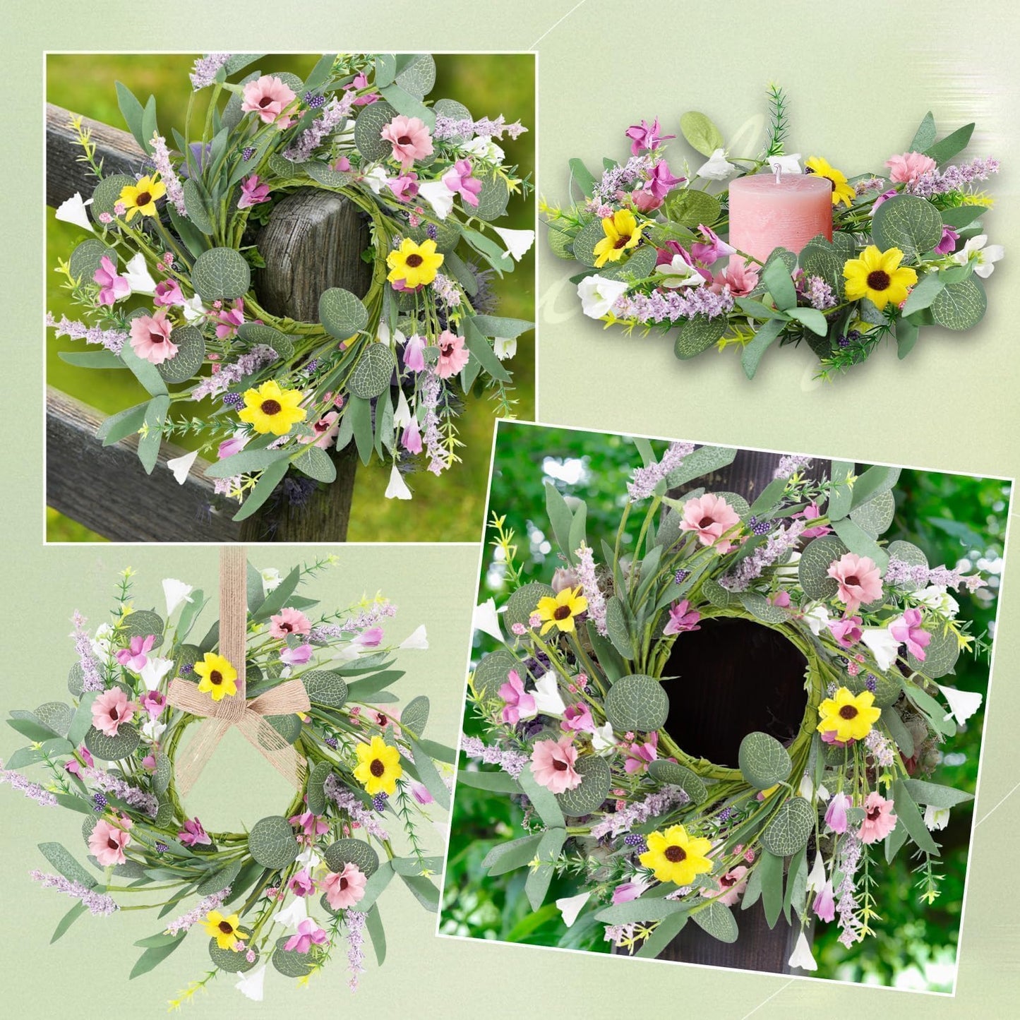 4 Pcs 9" Mini Spring Summer Flowered Wreath Floral Wedding Candle Rings Wreaths Kitchen Cabinet Wreaths with Ribbon for Pillars Wedding Table Centerpiece Farmhouse Party Home Door All Seasons Decor