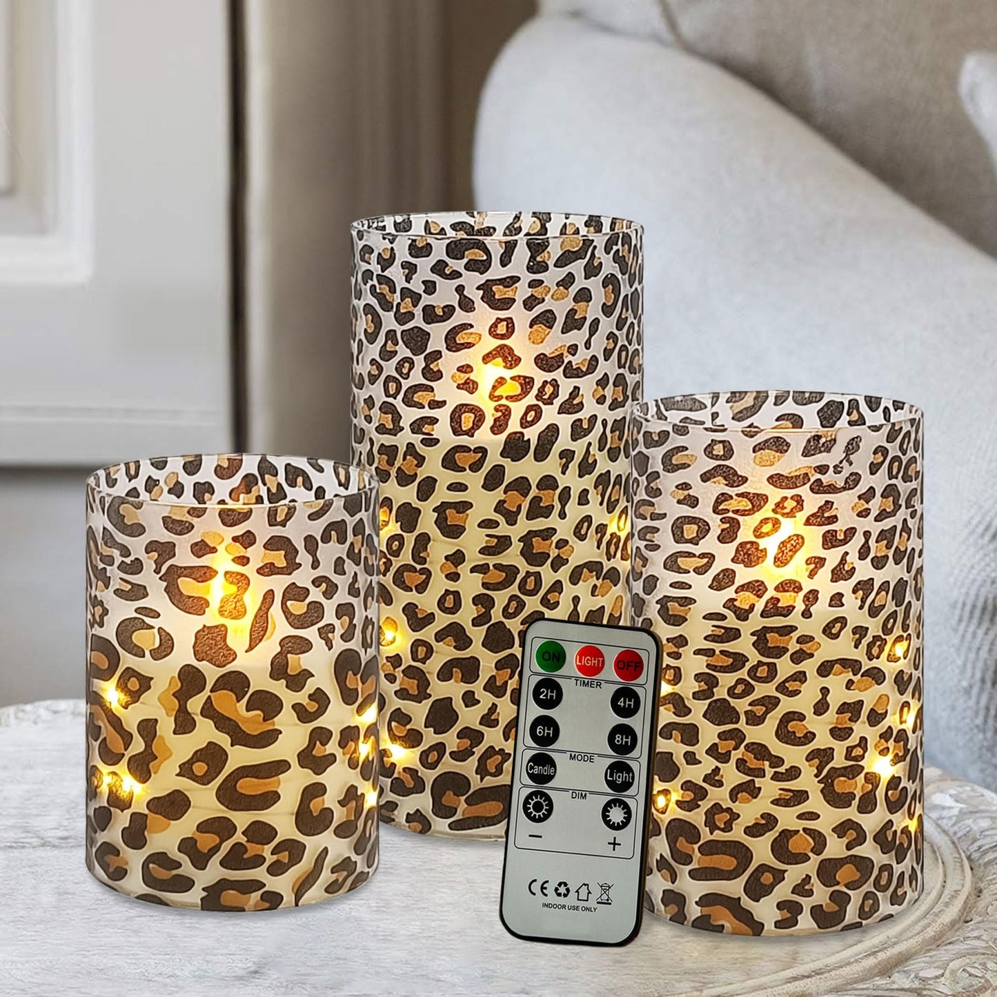 NjaoHoo Flickering Flameless Candles, Recessed String Light LED Candles 3D Wick Acrylic Battery Operated LED Pillar Candles with Remote and Timer for Modern Simple Home Decor Set of 3(Leopard)