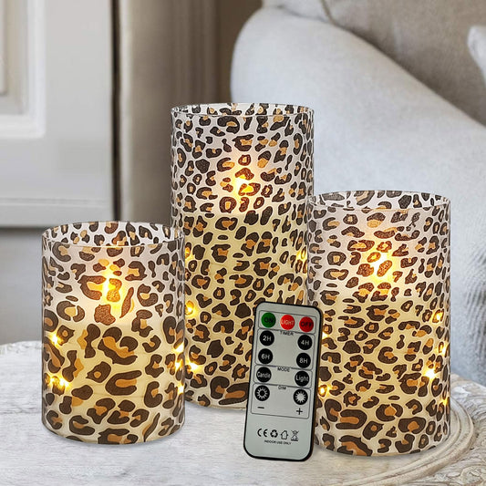NjaoHoo Flickering Flameless Candles, Recessed String Light LED Candles 3D Wick Acrylic Battery Operated LED Pillar Candles with Remote and Timer for Modern Simple Home Decor Set of 3(Leopard)