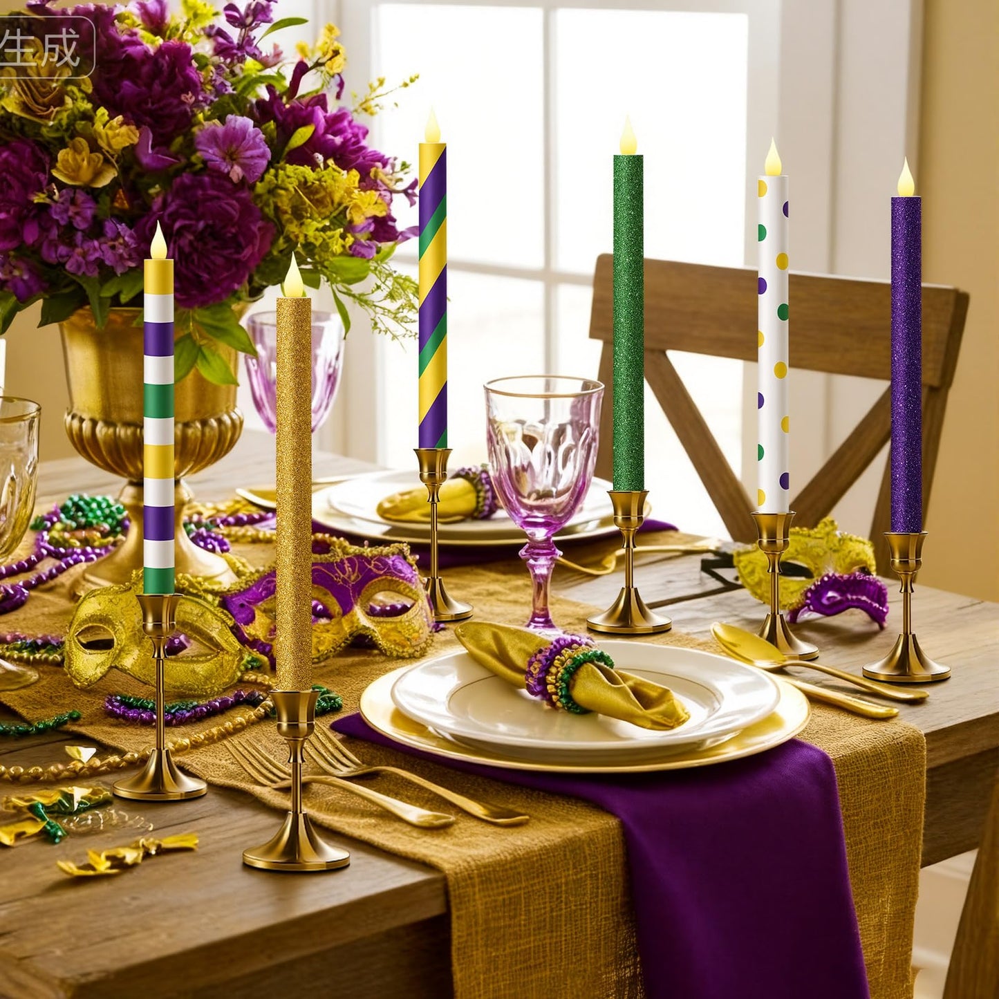 Honoson 6 Pcs Mardi Gras Flameless Taper Candles 10.6 Inch Purple Green and Gold Candles Battery Operated LED Candlesticks for Mardi Gras Dinner Table Centerpiece Indoor Outdoor Party Home Decor