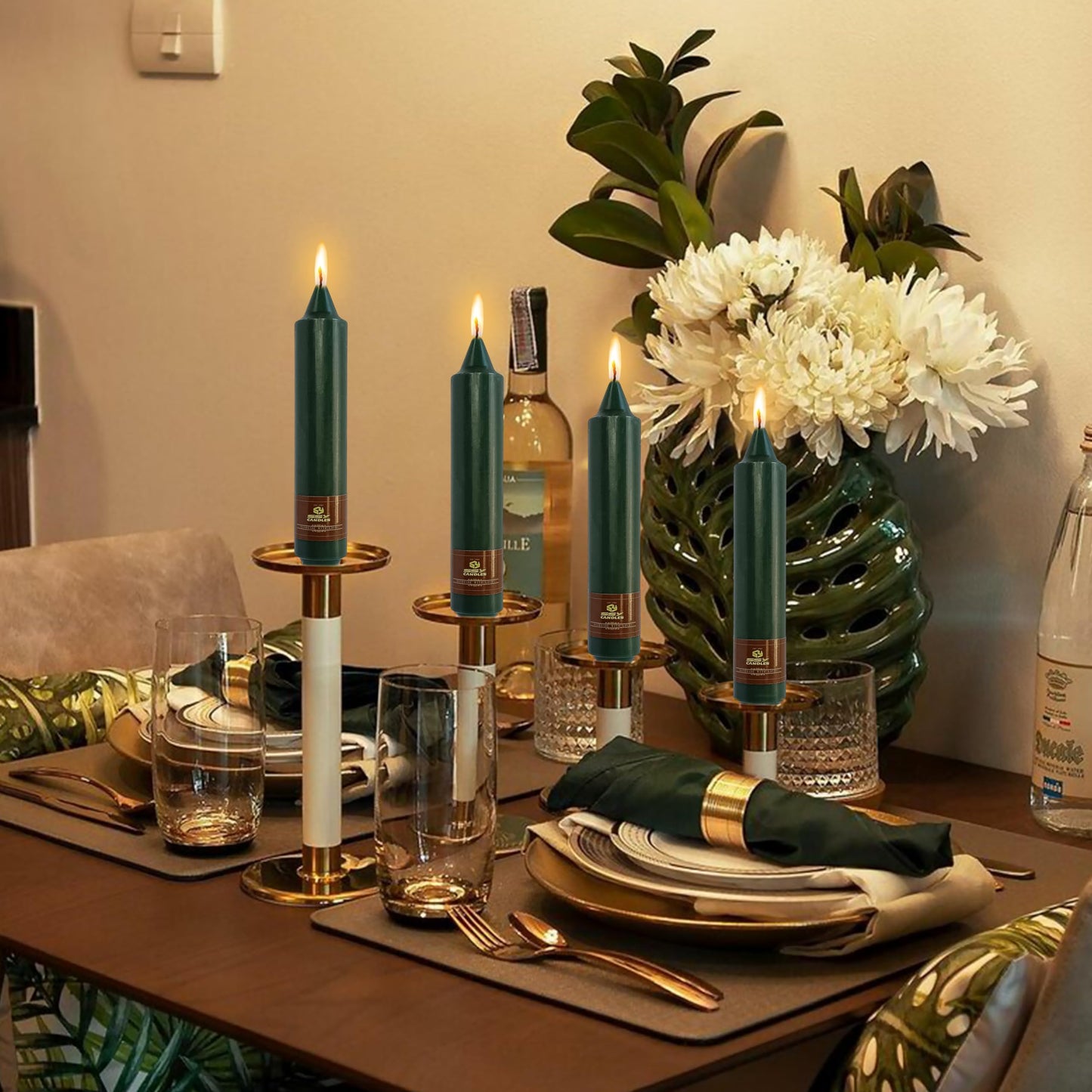 Unscented Candle Sticks 7 inch Hunter Green Taper Candles Set of 4 Smokeless Candle Slow Burning Candlesticks Perfect as Dinner Household Holiday & All Special Occasions