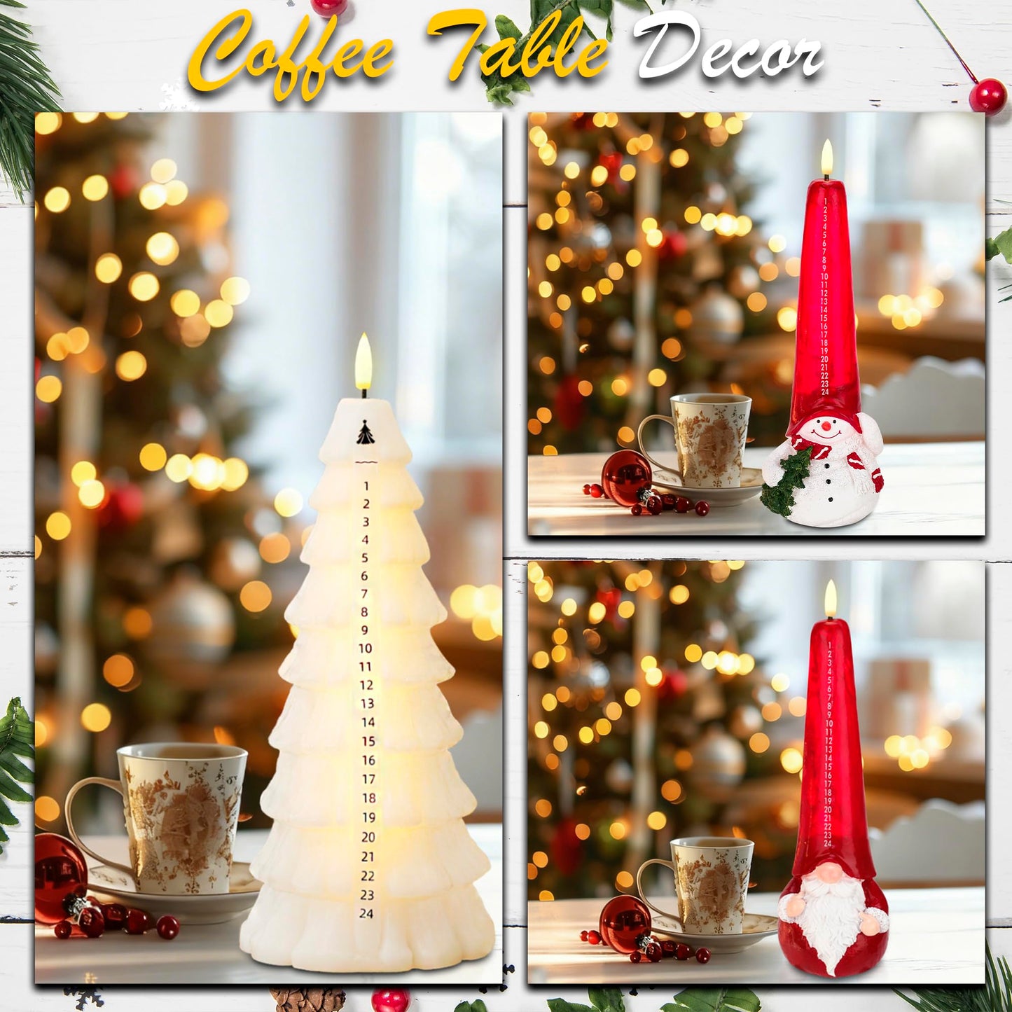 Flameless Christmas Countdown Candles with Remote, 3D Flickering Flame Christmas Tree Battery Operated LED Advent Calendar Candle, 24-day Automatic Xmas Countdown, Christmas Decoration for Home