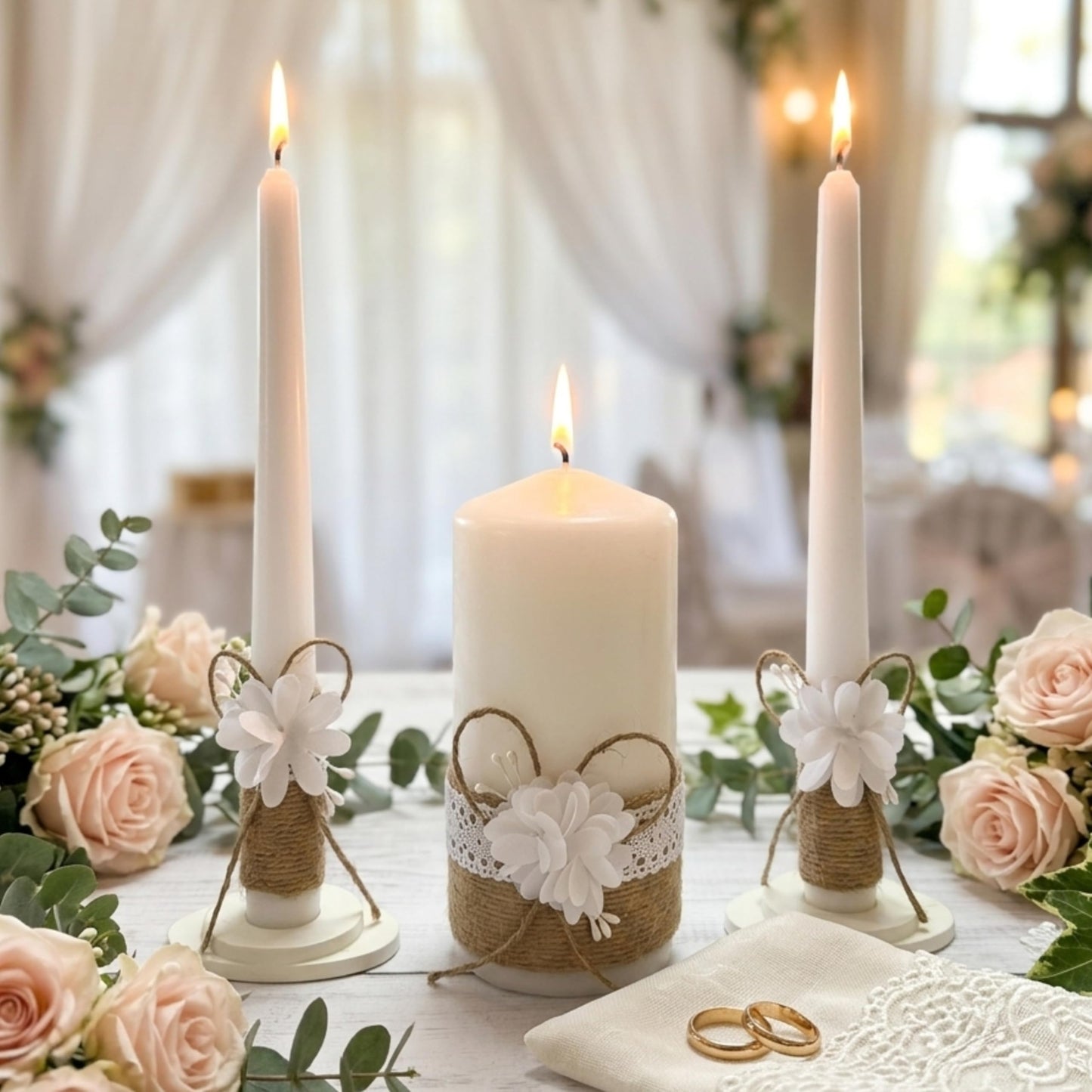 Magik Life Unity Candle Set - Wedding Ceremony & Reception – 6” Pillar & Two 10” Taper Candles – Long Burning Wedding Unity Candles for Marriage Ritual – Home Decor- Handmade in USA – White | Rustic