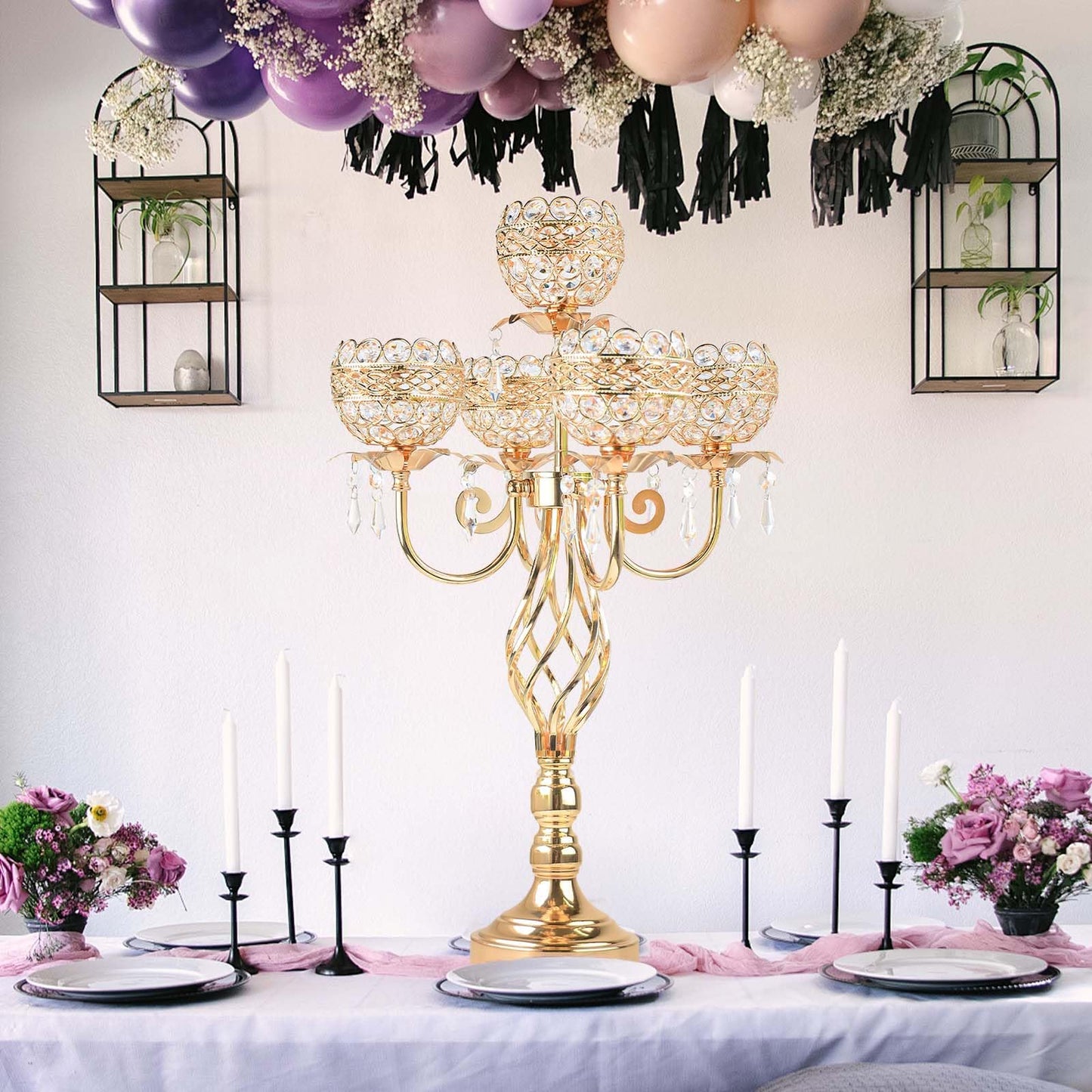 Elegant 5-Arm Candelabra Centerpiece with Crystal Pendants - 23.6 Inch Tall Table Centerpiece for Weddings, Parties, Home Decor for Mother’s Day, Holidays & Special Occasions (1, Gold)