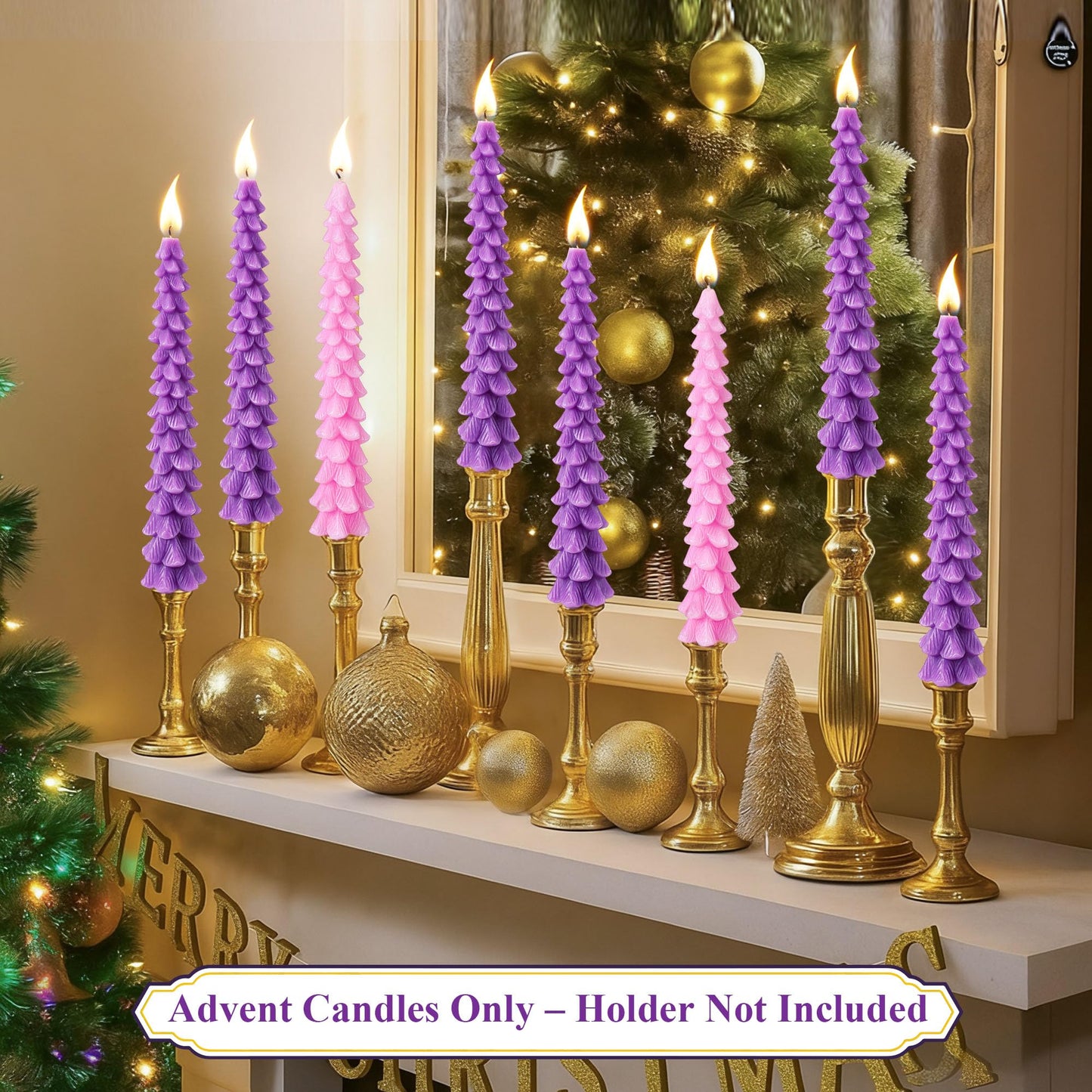 Enhon 8 Pcs Advent Candles Set, 10 Inch Tree Shaped Taper Candles, Unscented Beeswax Christmas Advent Wreath Candle for Xmas, Holiday, Church, Party, or Home Decor (Purple,Pink Style)