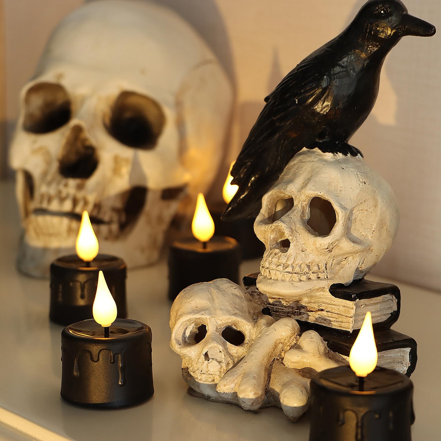 yunsheng 12PCS Black Rechargeable LED Tea Lights Candles with 6H Timer, Halloween Melting Flameless Flickering Candle, Warm White Electric Fake Candles with 2USB Charging Cable, Holiday Home Decor