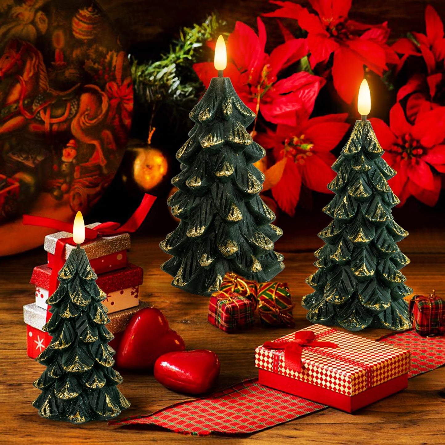 Yongmao Green Christmas Tree Shaped Flickering Flameless LED Candles with Timer, Real Wax Battery Operated, Set of 3