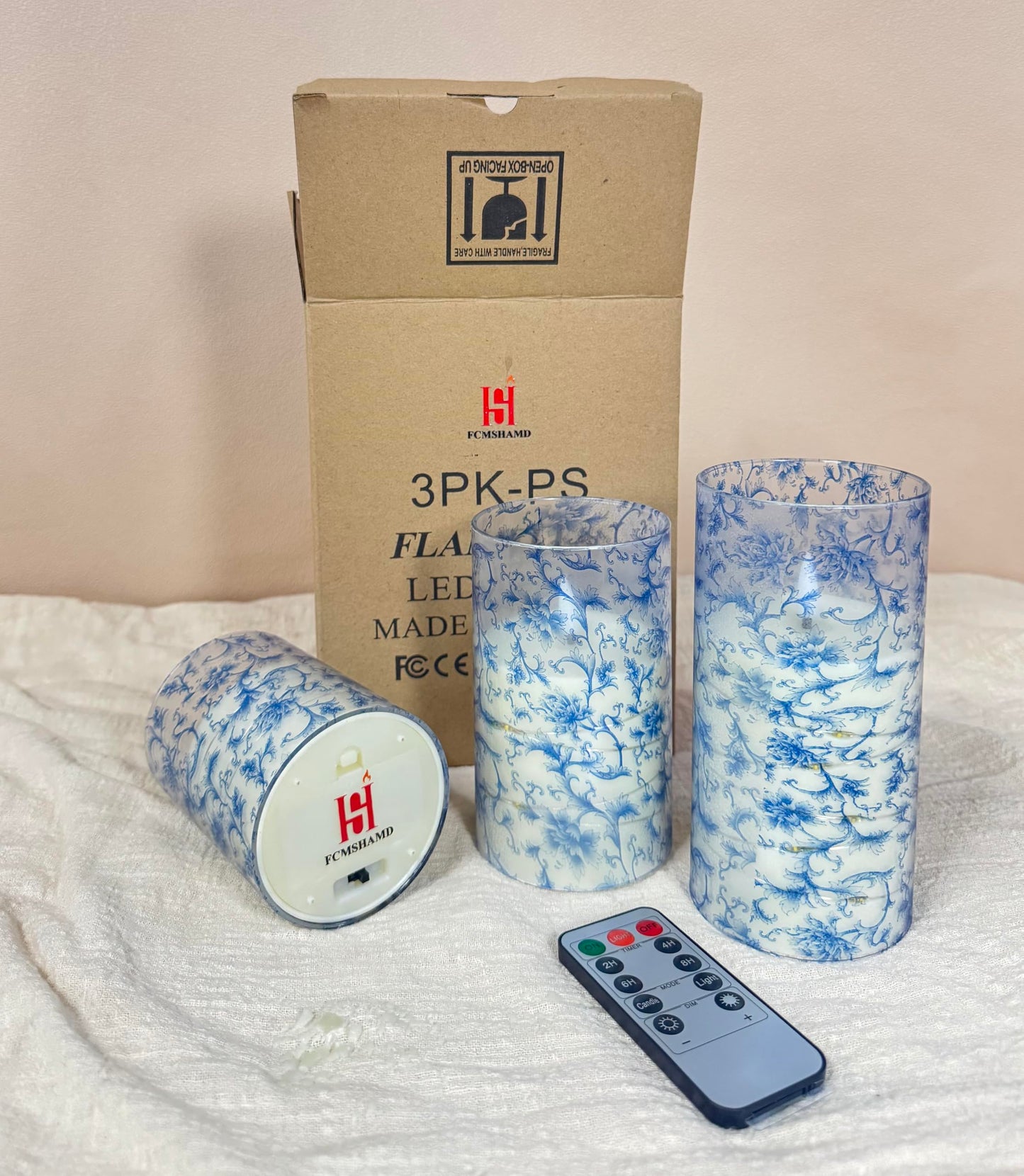 Flickering Flameless Candles Blue Floral Print, Embedded Star String Lights, Battery Operated Acrylic LED Pillar Candles with 11-Key Remote and Timer for Home Decoration, 3 Pack