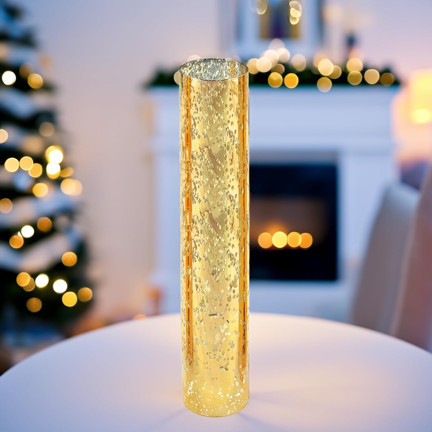 WGVI Hurricane Candle Holder Sleeve, W: 2.5", Ht: 14", Gold Speckled Glass Cylinder Open Both Ends, Chimney Tube Shade, 1 Piece