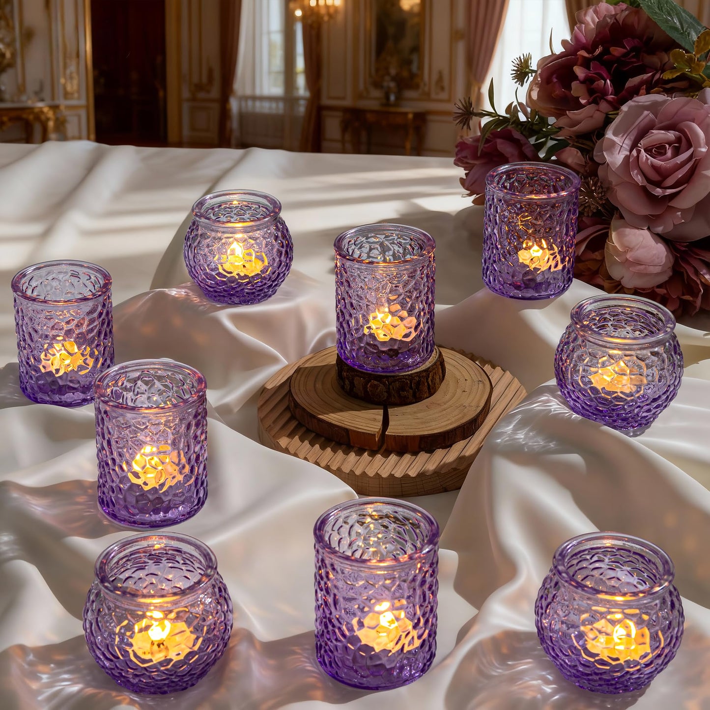 24-Piece Purple Glass Votive Candle Holders Set – Tealight Candle Holder Glass Bulk with 12 Round & 12 Hammered Textured Cups, Purple Votive Candle Holders for Weddings, Parties, Home